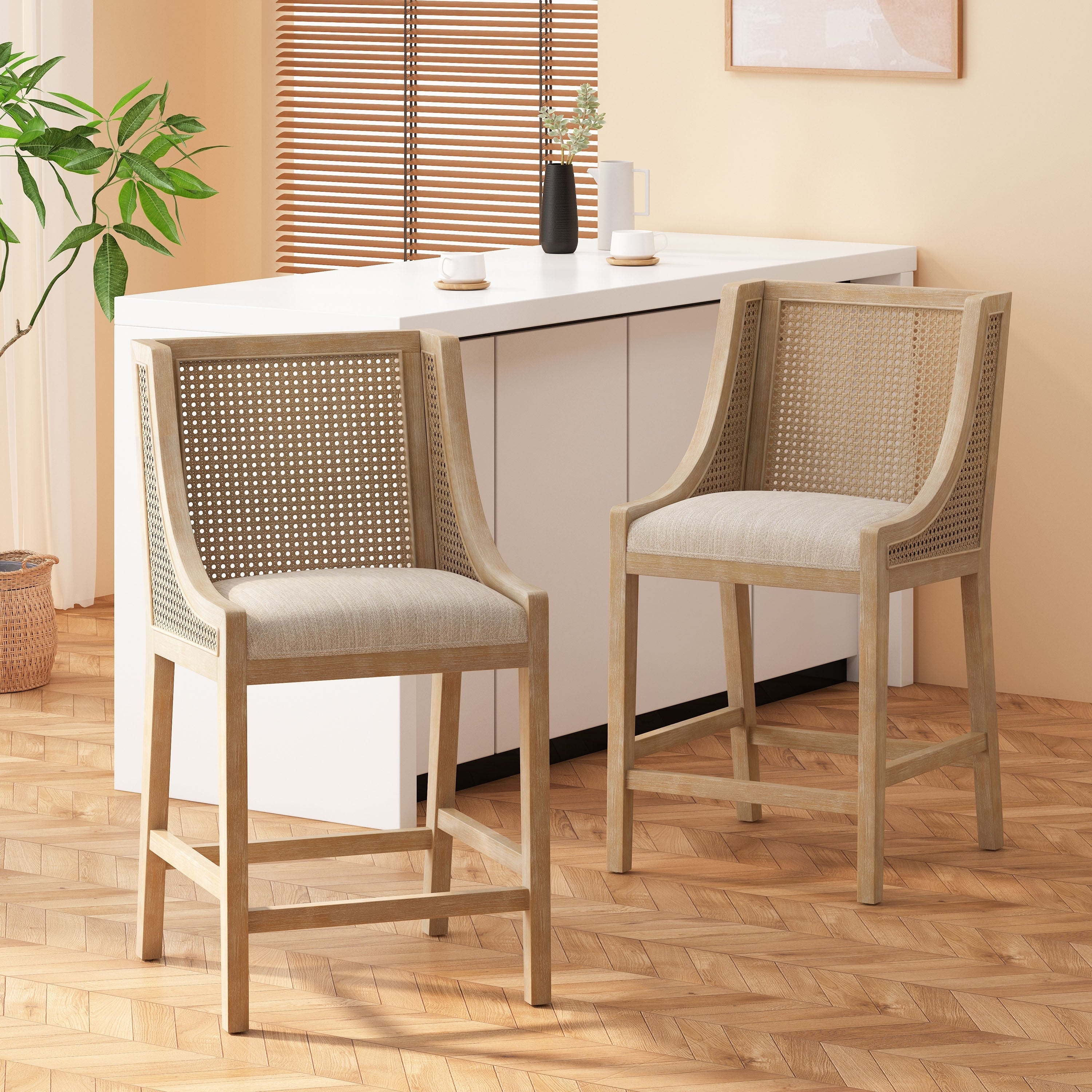 Christopher Knight Home Cataldo Fabric Upholstered Wood and Cane 25.5-Inch Counter Stools (Set of 2)