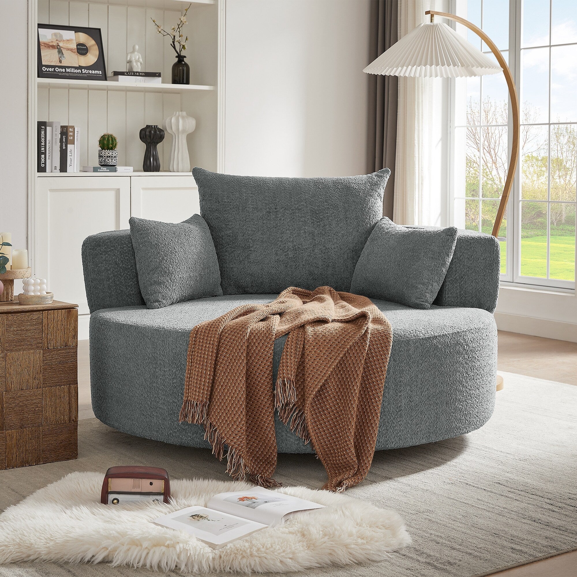 Chenille Accent Barrel Chair Lounge Chair, Round Sofa Chair Armchair with 360-Degree Swivel Base and 3 Removable Pillows