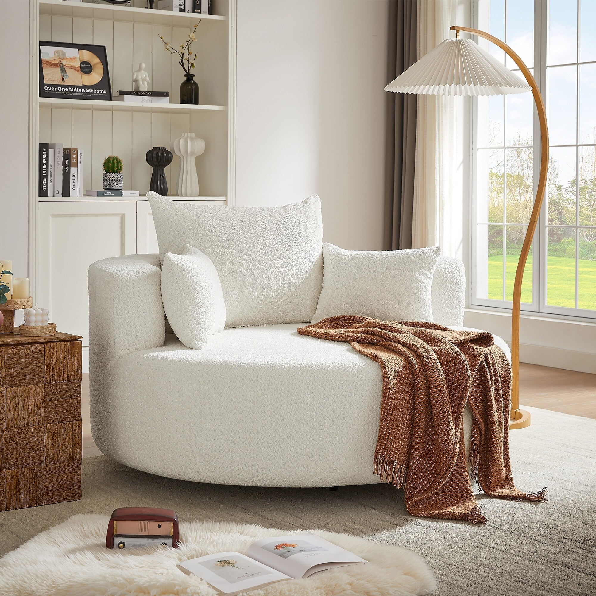 Chenille Accent Barrel Chair Lounge Chair, Round Sofa Chair Armchair with 360-Degree Swivel Base and 3 Removable Pillows