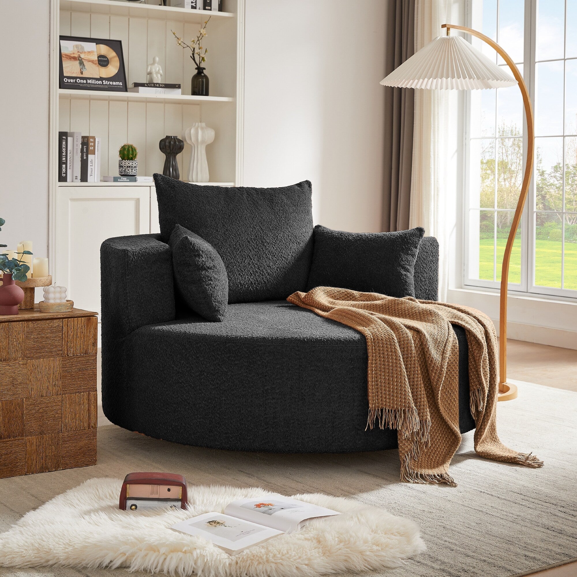 Chenille Accent Barrel Chair Lounge Chair, Round Sofa Chair Armchair with 360-Degree Swivel Base and 3 Removable Pillows