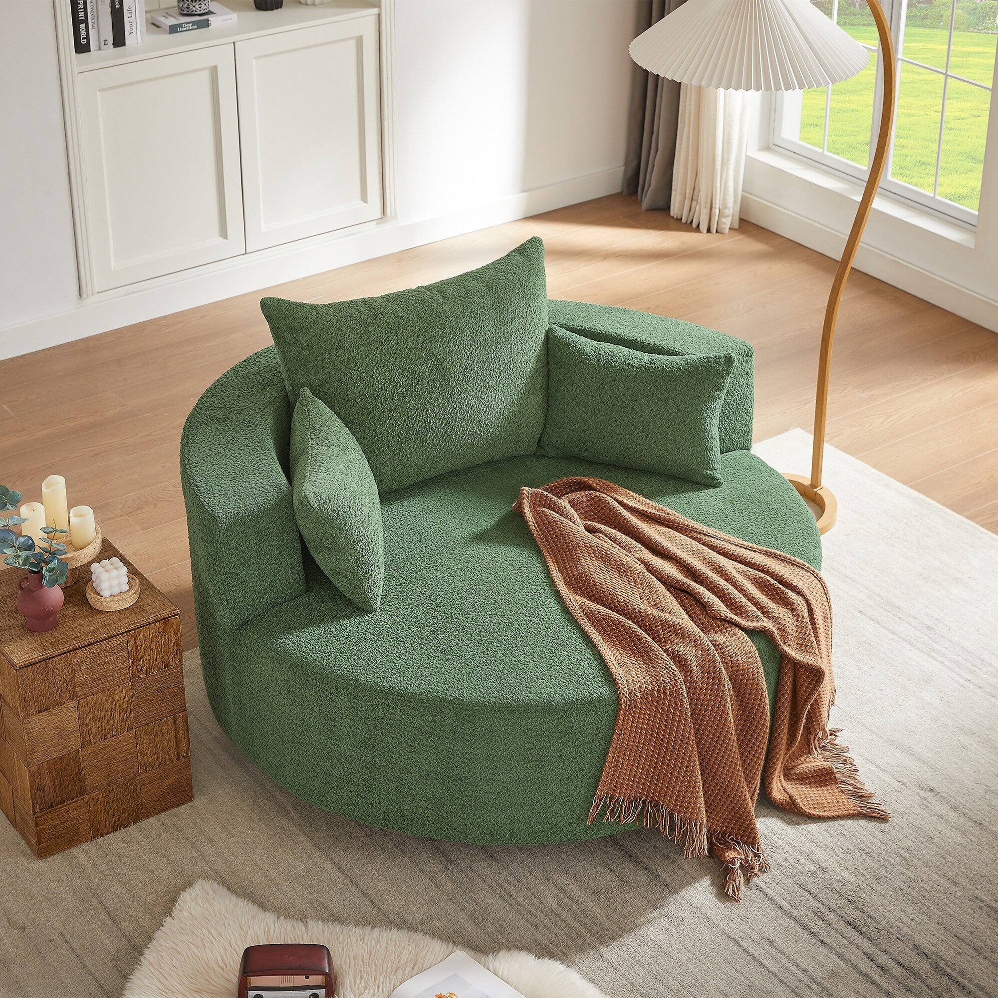 Chenille Accent Barrel Chair Lounge Chair, Round Sofa Chair Armchair with 360-Degree Swivel Base and 3 Removable Pillows