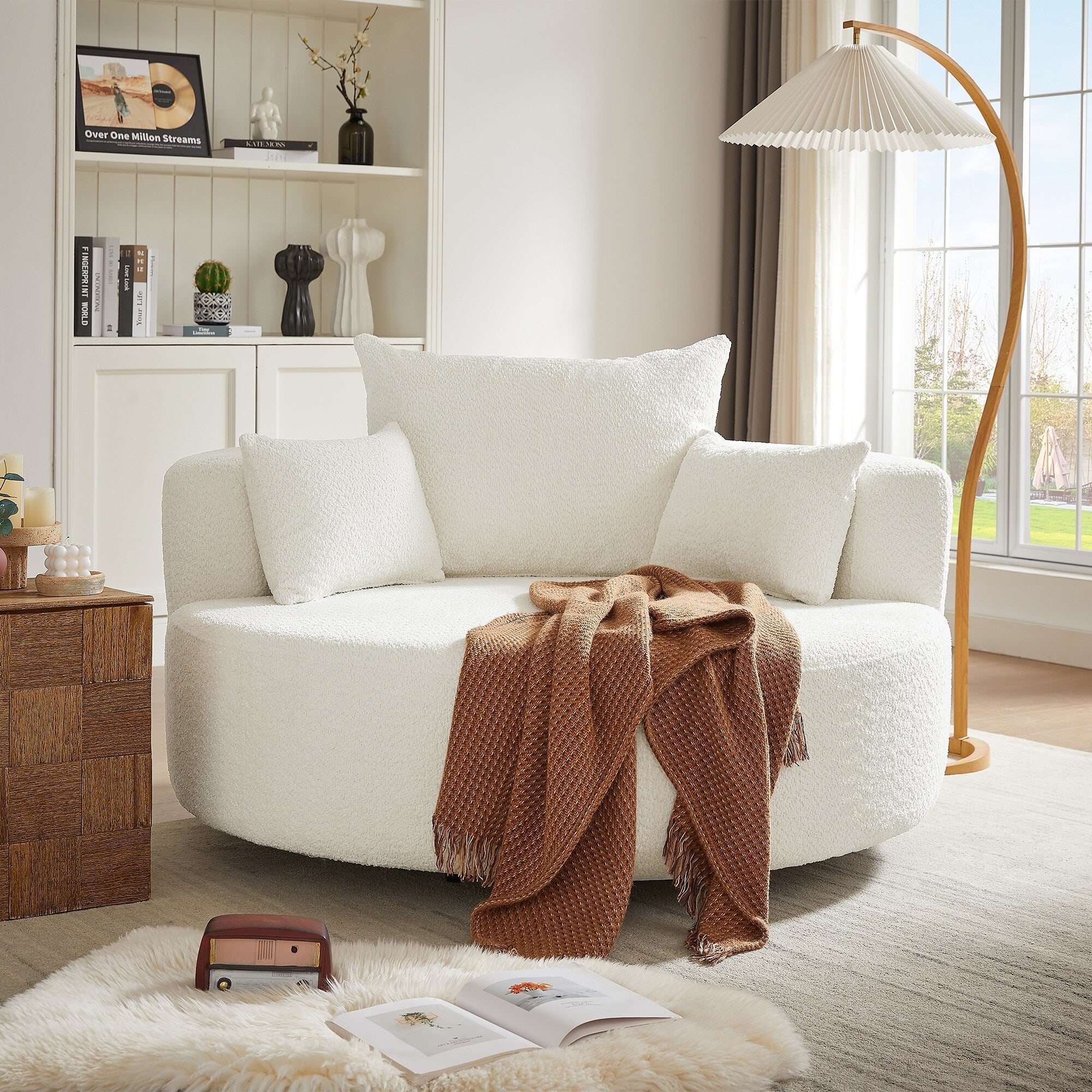 Chenille Accent Barrel Chair Lounge Chair, Round Sofa Chair Armchair with 360-Degree Swivel Base and 3 Removable Pillows