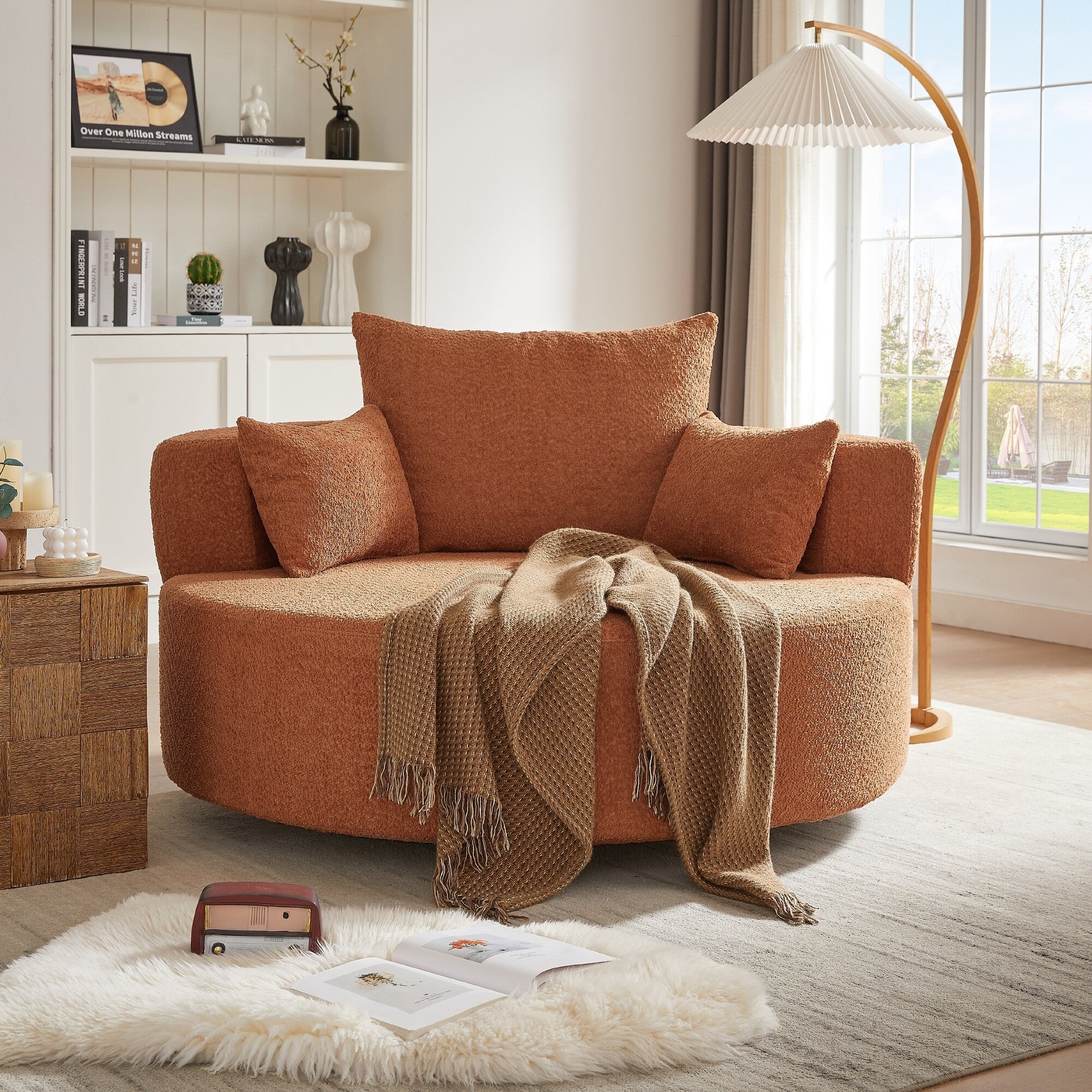 Chenille Accent Barrel Chair Lounge Chair, Round Sofa Chair Armchair with 360-Degree Swivel Base and 3 Removable Pillows