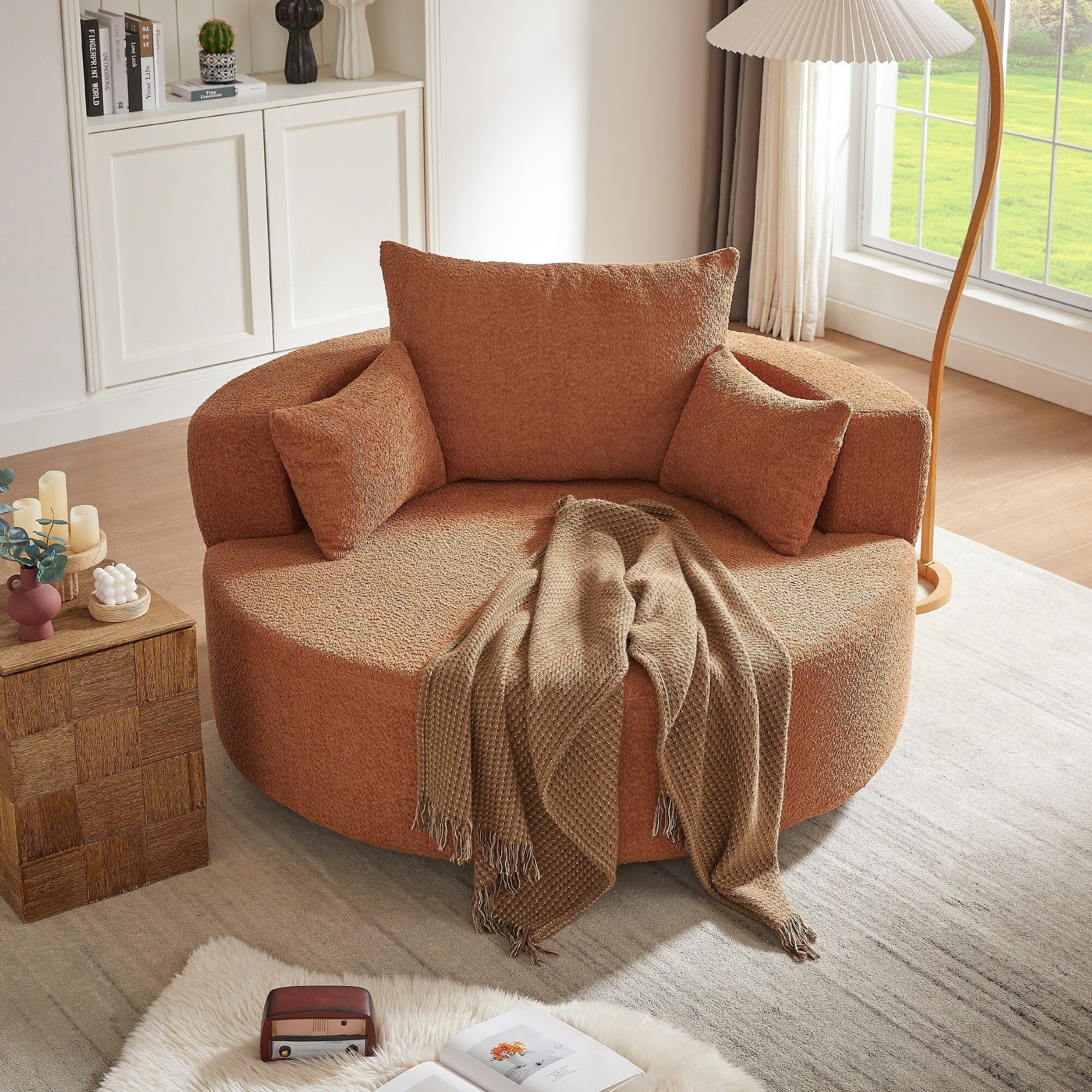 Chenille Accent Barrel Chair Lounge Chair, Round Sofa Chair Armchair with 360-Degree Swivel Base and 3 Removable Pillows
