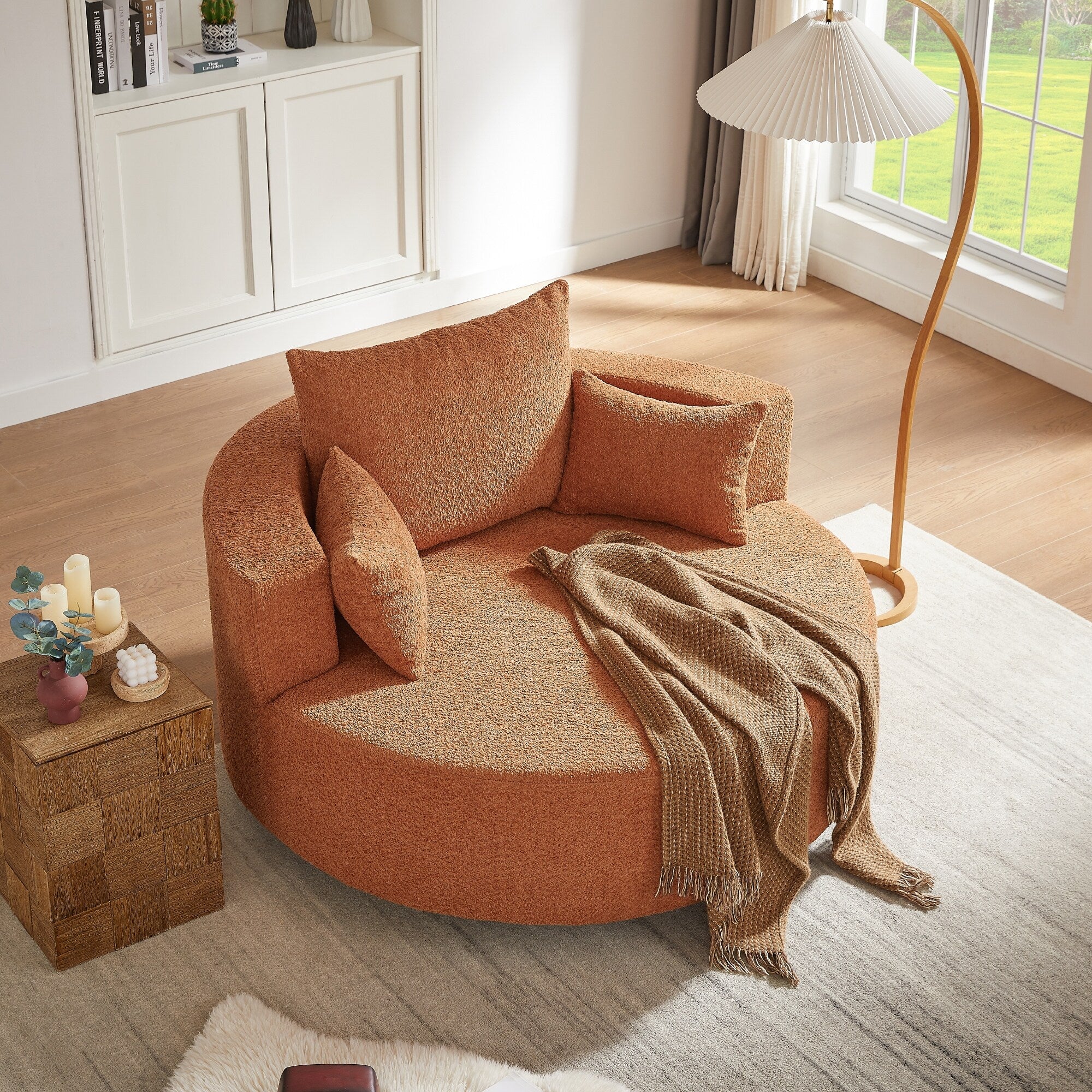 Chenille Accent Barrel Chair Lounge Chair, Round Sofa Chair Armchair with 360-Degree Swivel Base and 3 Removable Pillows