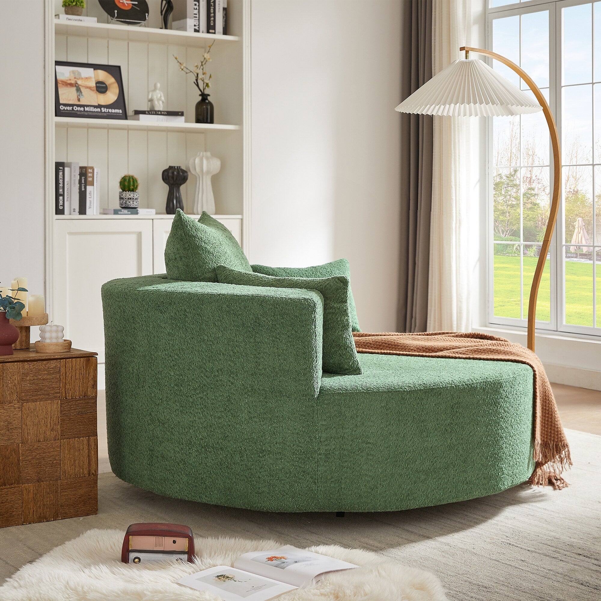 Chenille Accent Barrel Chair Lounge Chair, Round Sofa Chair Armchair with 360-Degree Swivel Base and 3 Removable Pillows