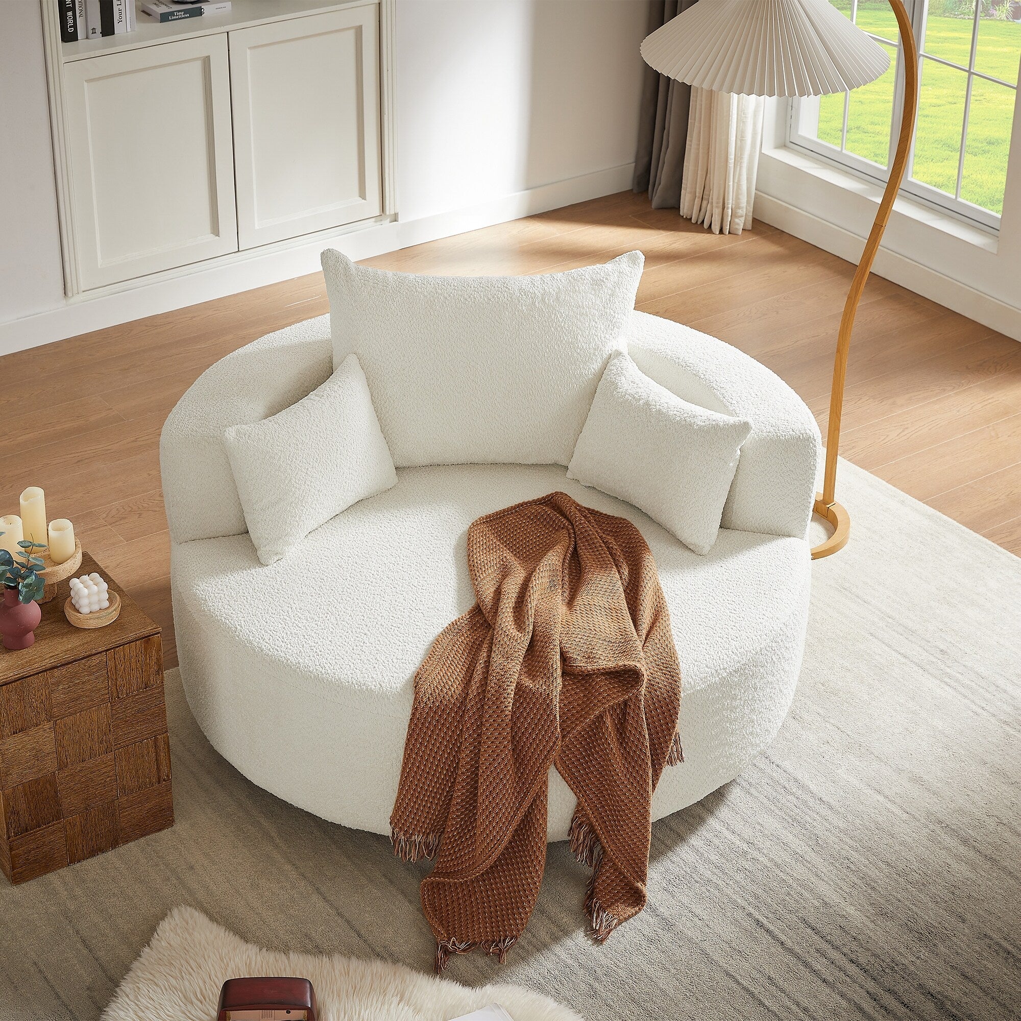 Chenille Accent Barrel Chair Lounge Chair, Round Sofa Chair Armchair with 360-Degree Swivel Base and 3 Removable Pillows