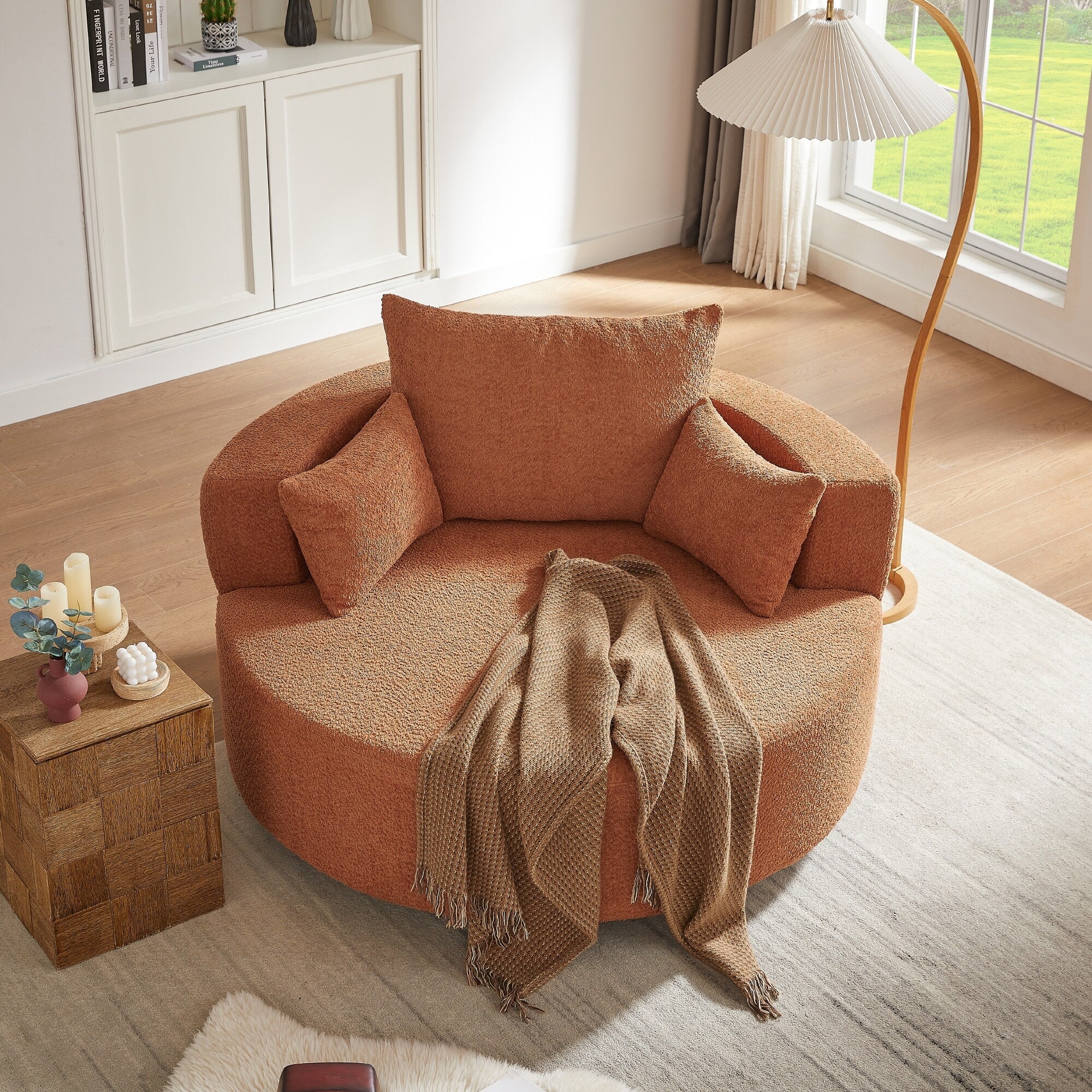 Chenille Accent Barrel Chair Lounge Chair, Round Sofa Chair Armchair with 360-Degree Swivel Base and 3 Removable Pillows