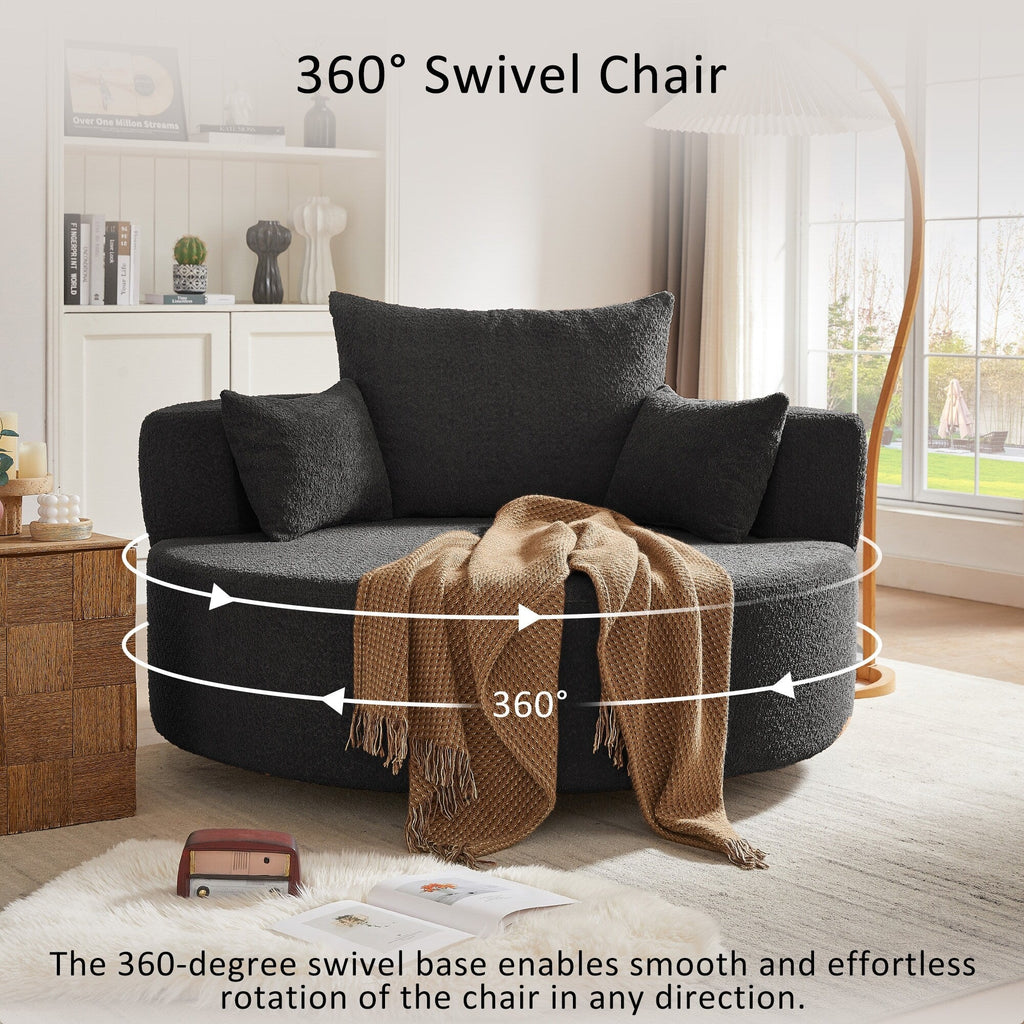 Chenille Accent Barrel Chair Lounge Chair, Round Sofa Chair Armchair with 360-Degree Swivel Base and 3 Removable Pillows