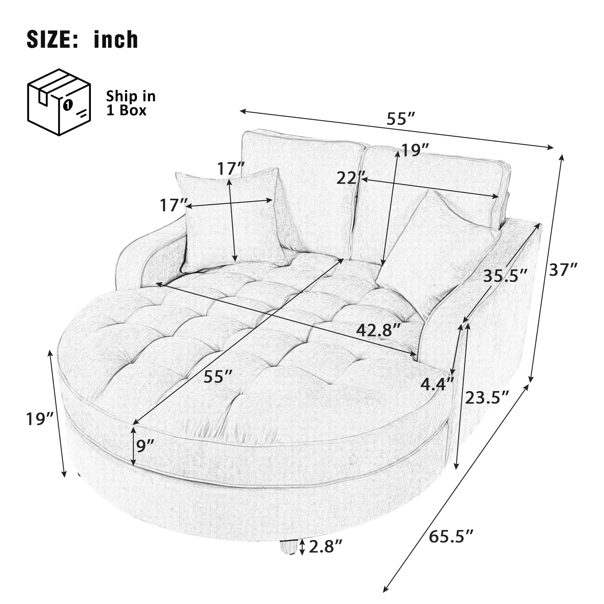 Chenille Chaise Lounge Sofa Bed, Upholstered Sofa Couch with Tufted Backrest and 2 Detachable Pillows for Living Room