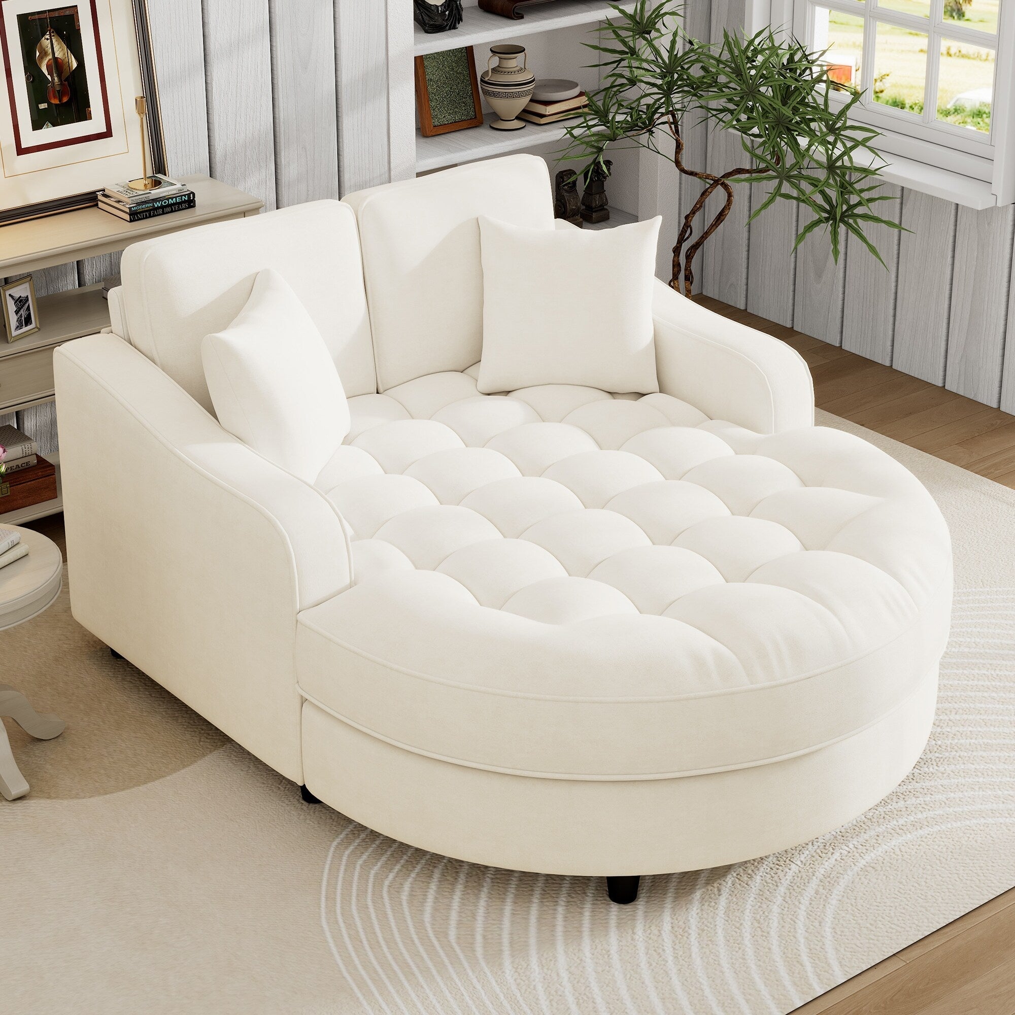 Chenille Chaise Lounge Sofa Bed, Upholstered Sofa Couch with Tufted Backrest and 2 Detachable Pillows for Living Room