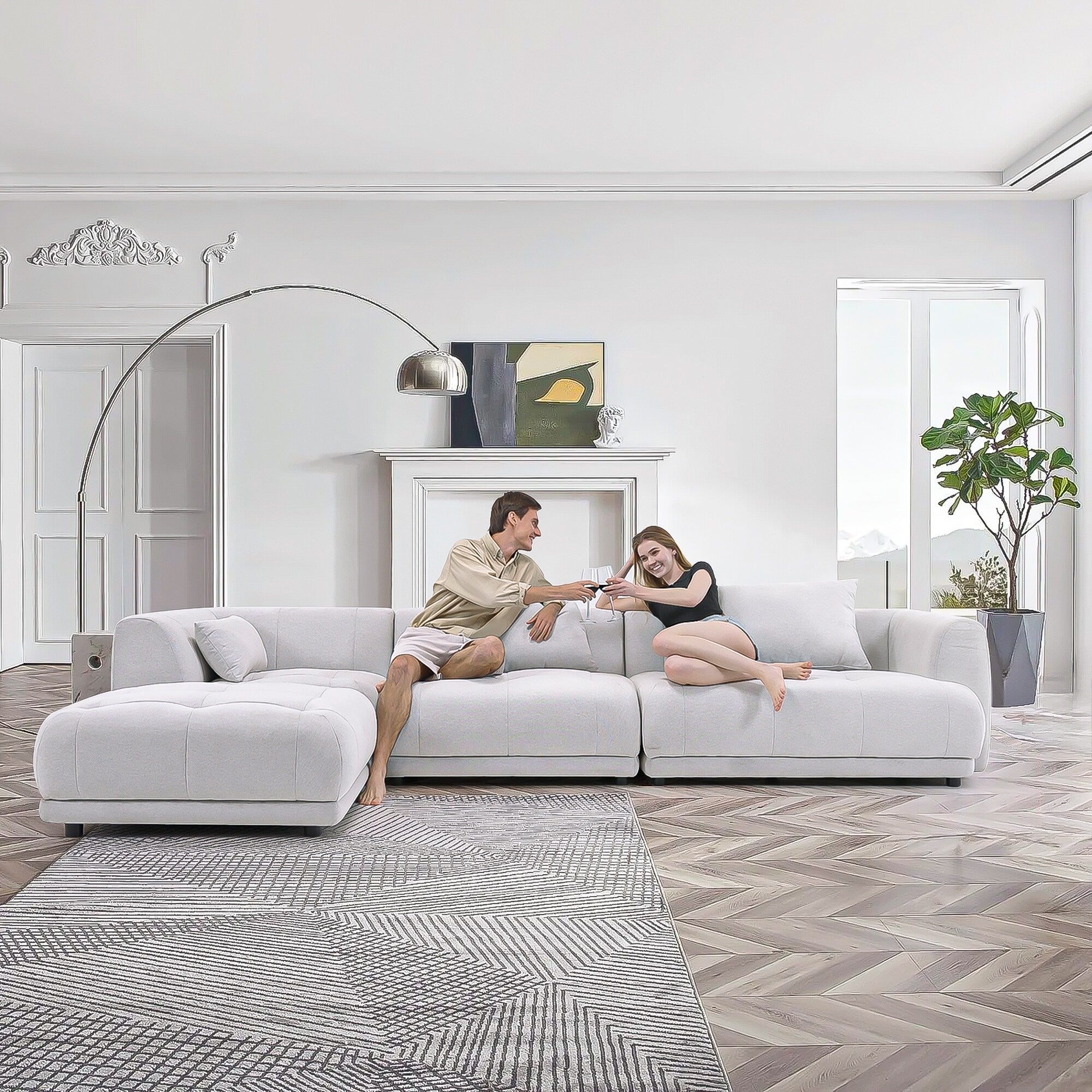 Cloud Modular Sofa Sectional 144 with Ottoman - Plush Chenille Fabric Living Room Couch