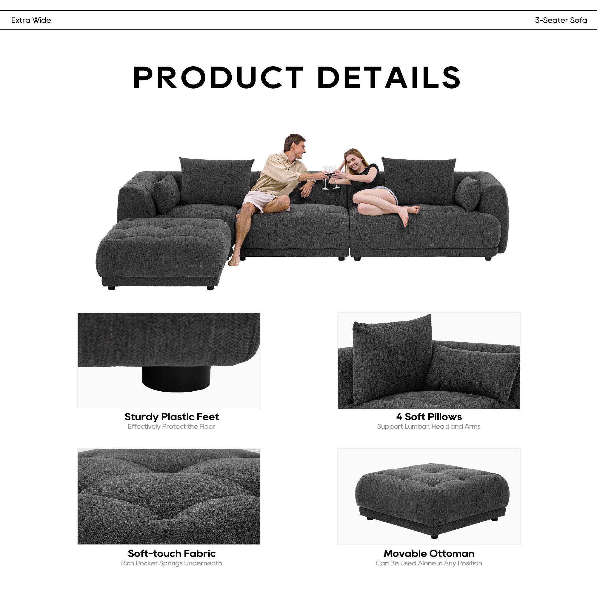 Cloud Modular Sofa Sectional 144 with Ottoman - Plush Chenille Fabric Living Room Couch