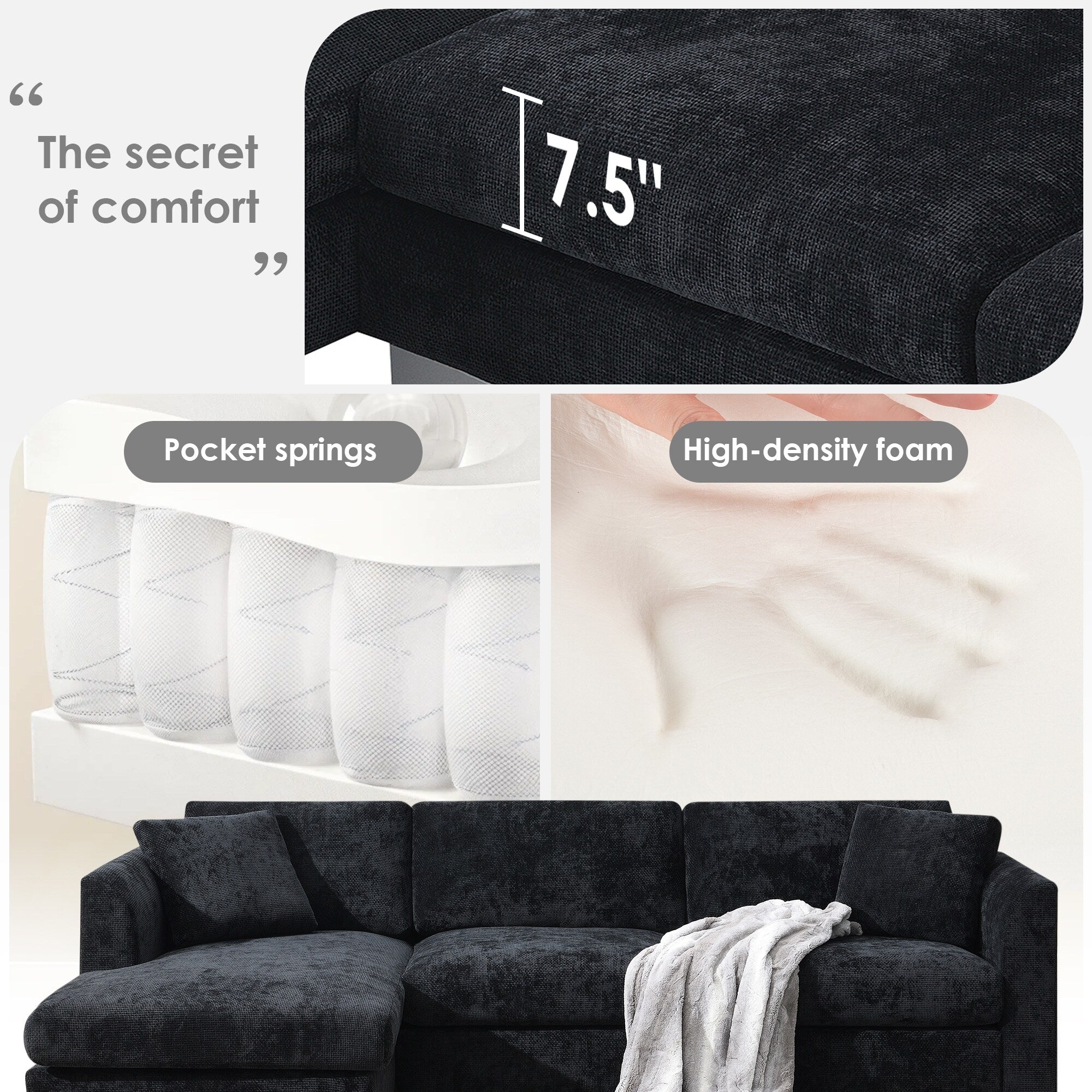 Cloud Sectional Sofa,L-Shaped Luxury Couch Set With 2 Free Pillows,4-Seat Chenille Indoor Furniture With Oversized Chaise