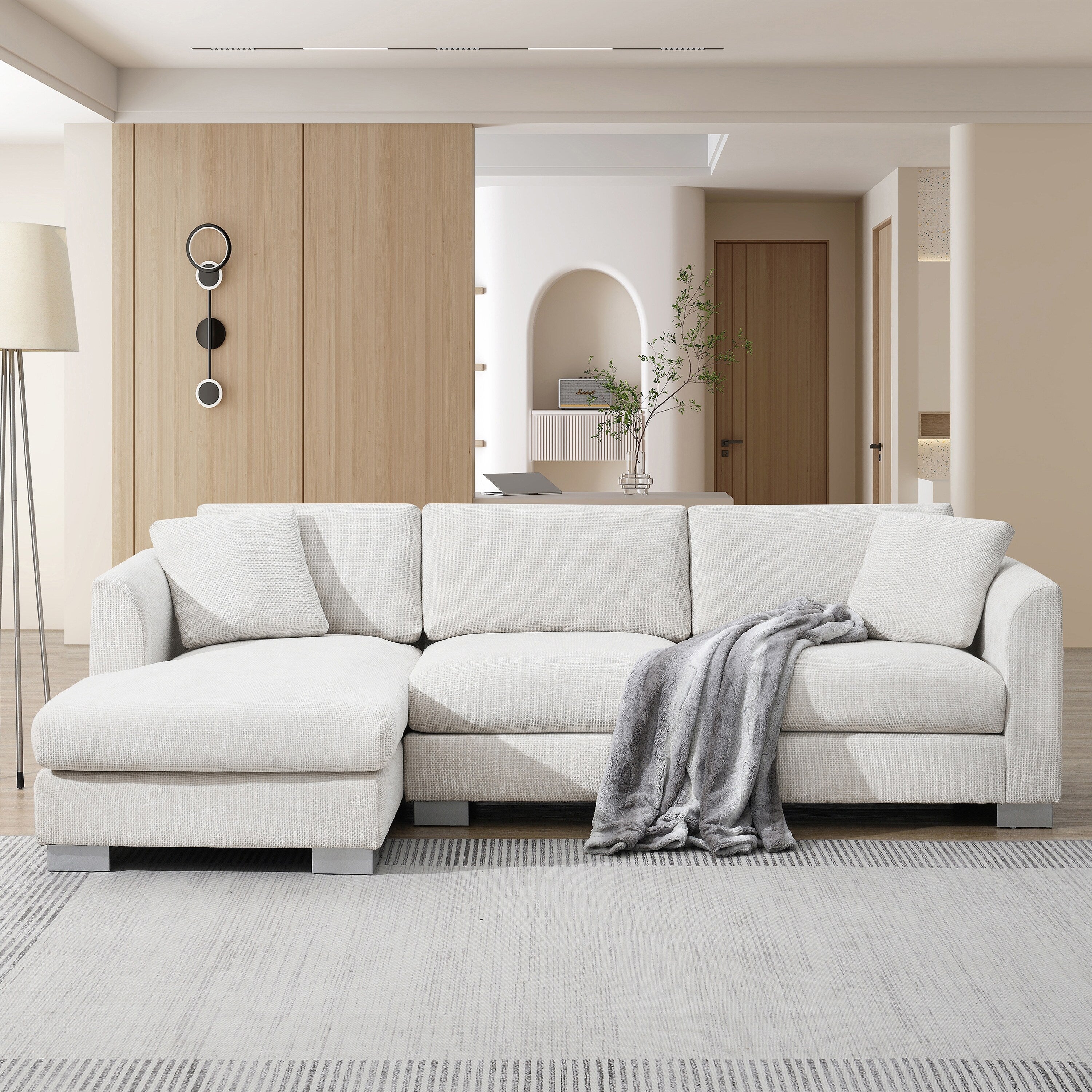Cloud Sectional Sofa,L-Shaped Luxury Couch Set With 2 Free Pillows,4-Seat Chenille Indoor Furniture With Oversized Chaise