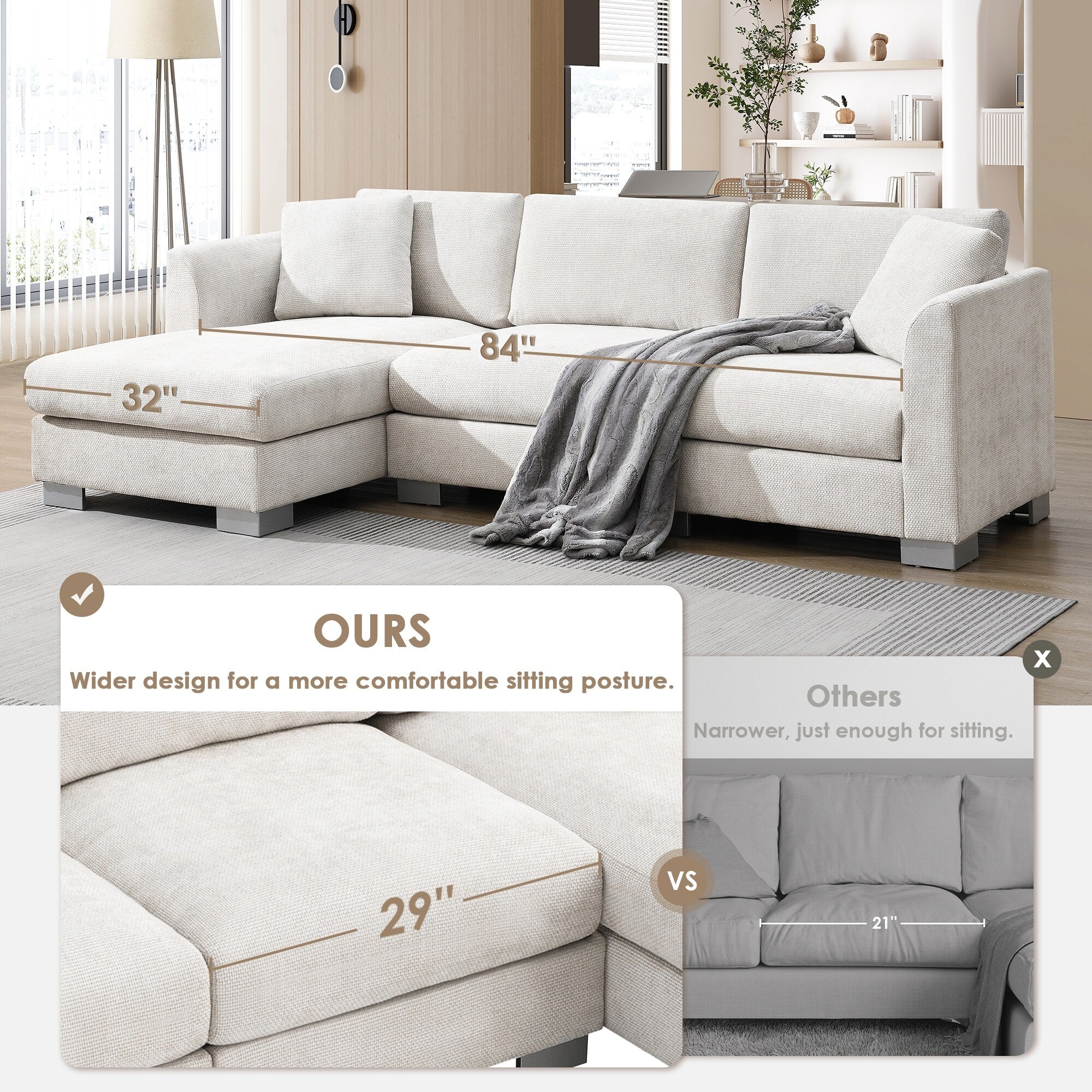 Cloud Sectional Sofa,L-Shaped Luxury Couch Set With 2 Free Pillows,4-Seat Chenille Indoor Furniture With Oversized Chaise