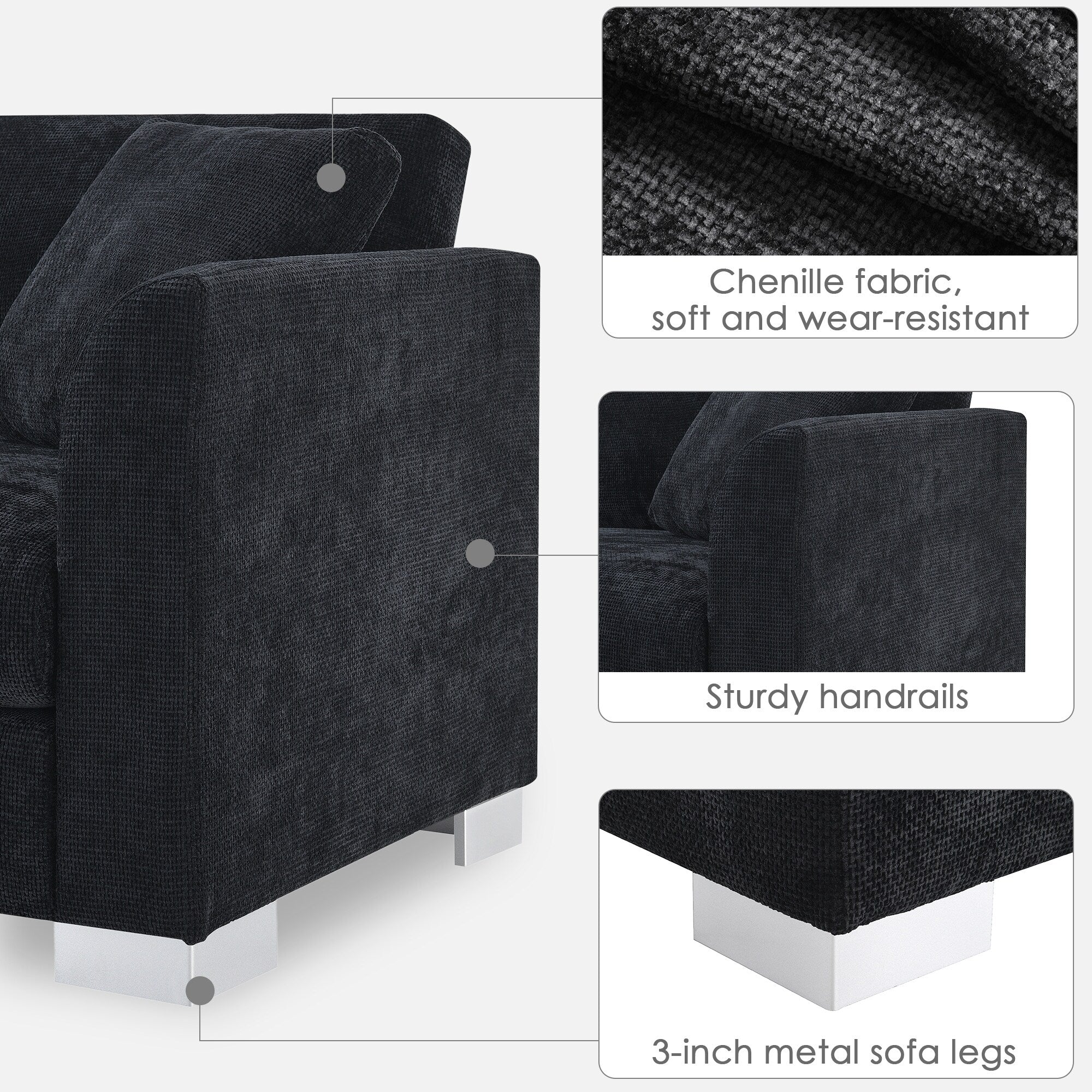 Cloud Sectional Sofa,L-Shaped Luxury Couch Set With 2 Free Pillows,4-Seat Chenille Indoor Furniture With Oversized Chaise