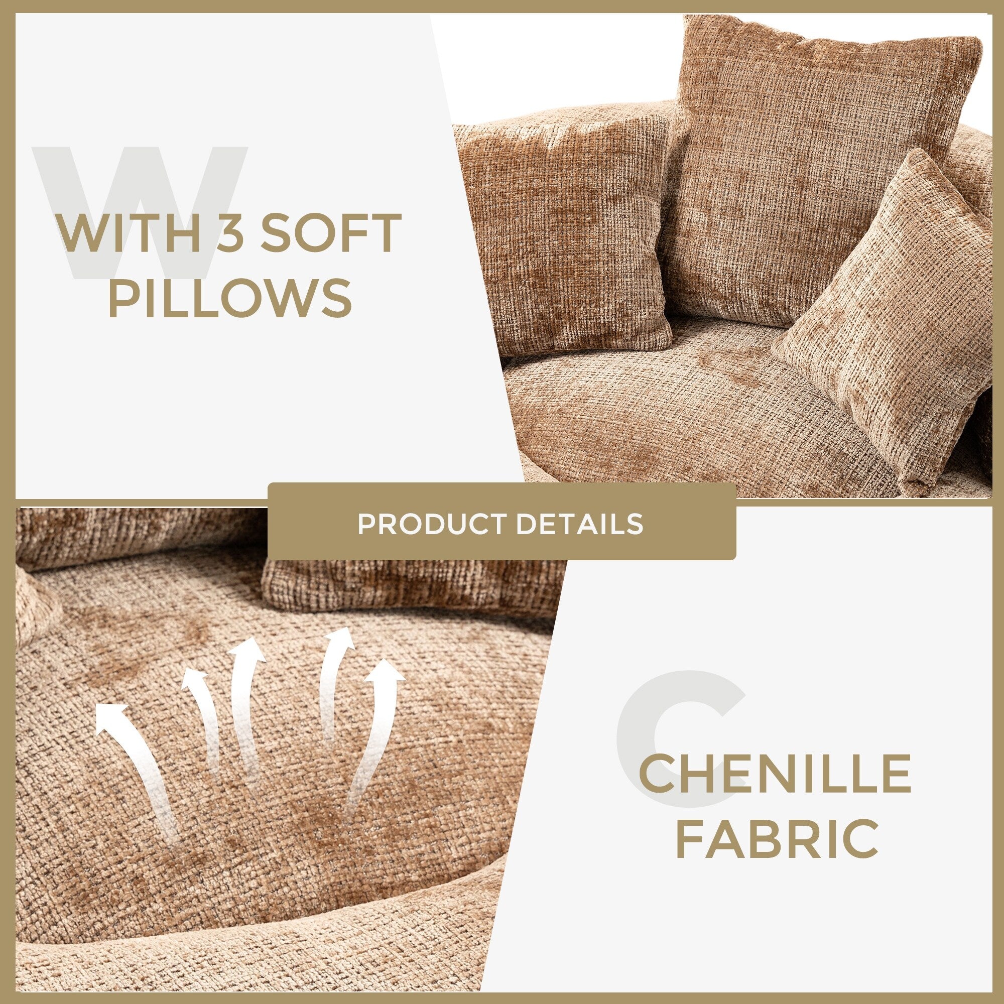 Coffee Oversized 42.52 Chenille Lazy Bean Bag Single Sofa with Three Pillows for Bedroom