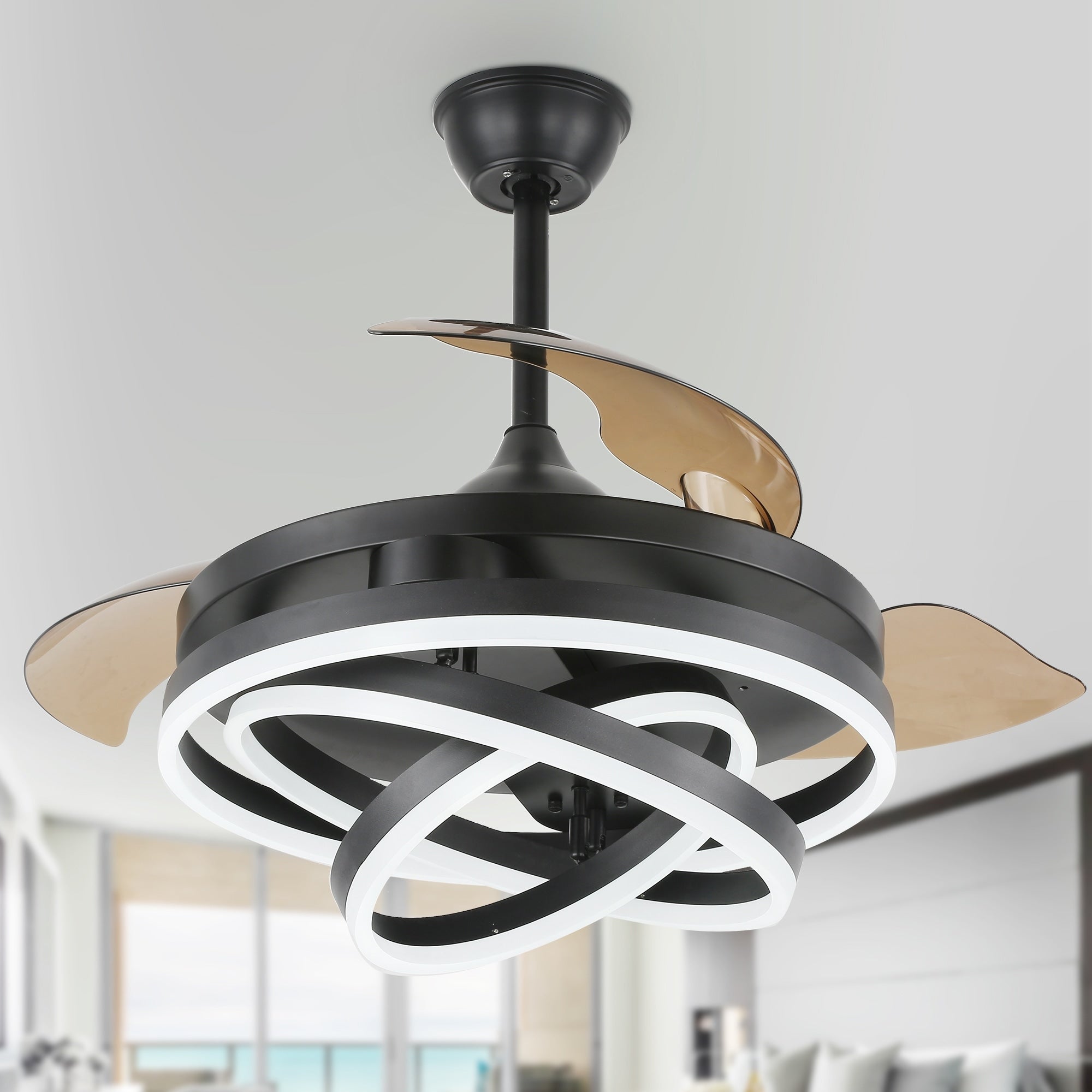 Cusp Barn 42 Retractable Ceiling Fan with Lights and Remote DIY Shape Fandelier Modern Silent DC Motor LED Ceiling Light
