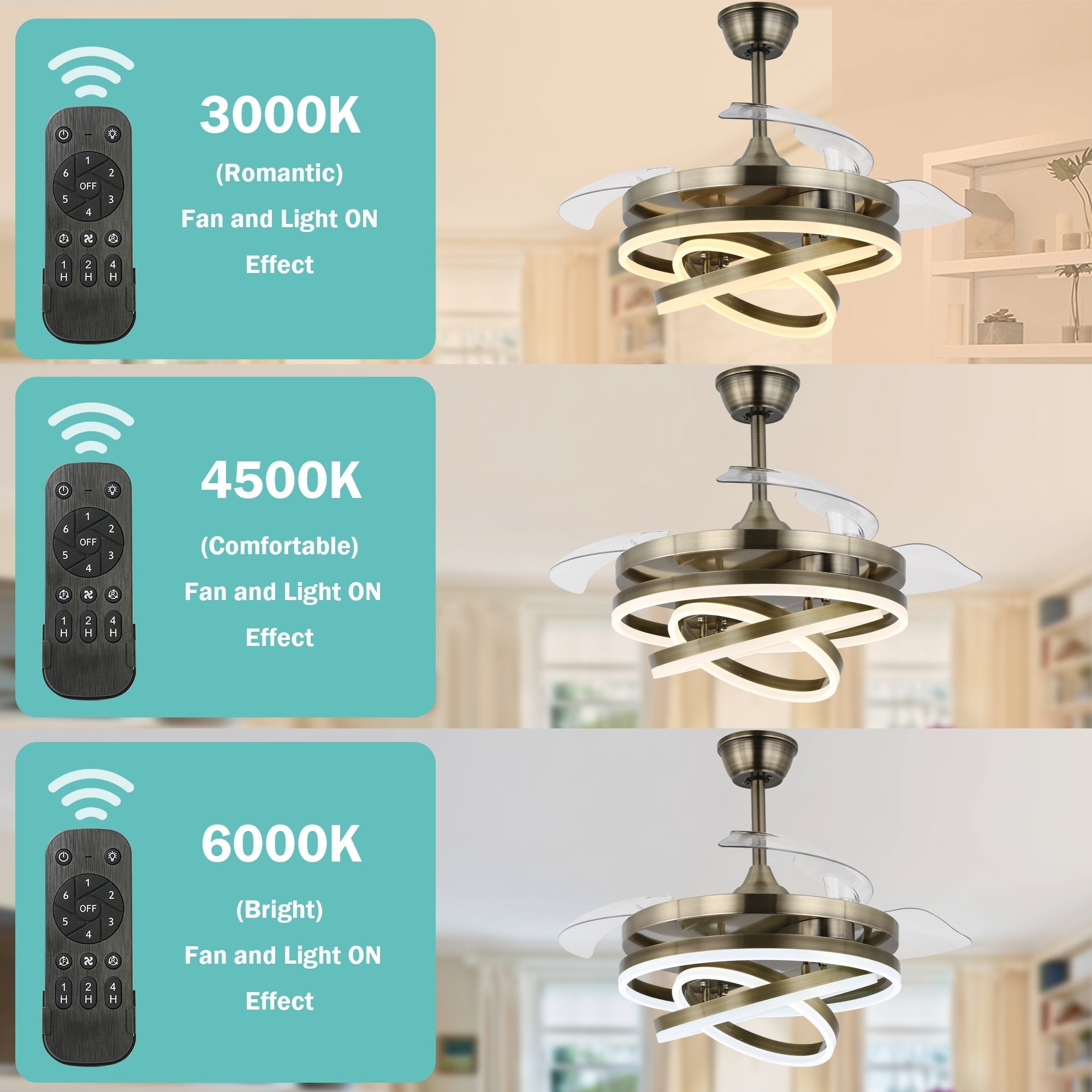 Cusp Barn 42 Retractable Ceiling Fan with Lights and Remote DIY Shape Fandelier Modern Silent DC Motor LED Ceiling Light