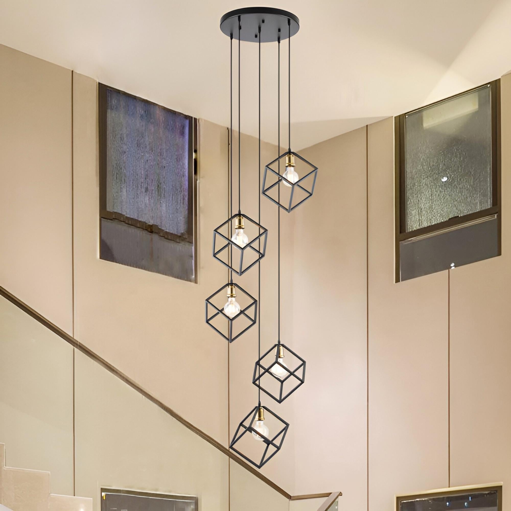 Geometric Pendant Chandelier for Stairway / Staircase, Adjustable Height 5 or 7 Light Cluster