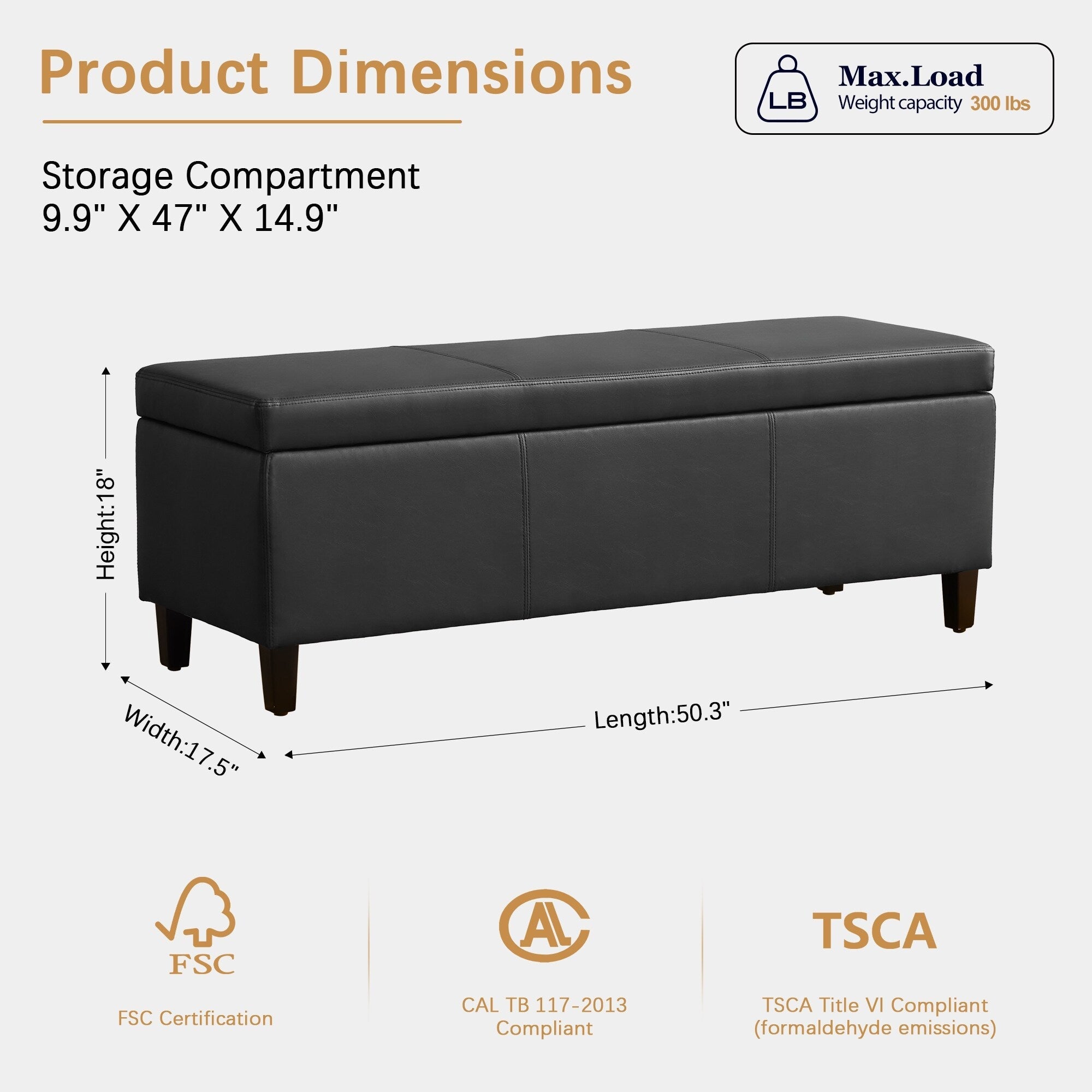 50.3 x 17.50 x 18 Upholstered Rectangular Storage Ottoman-Faux Leather