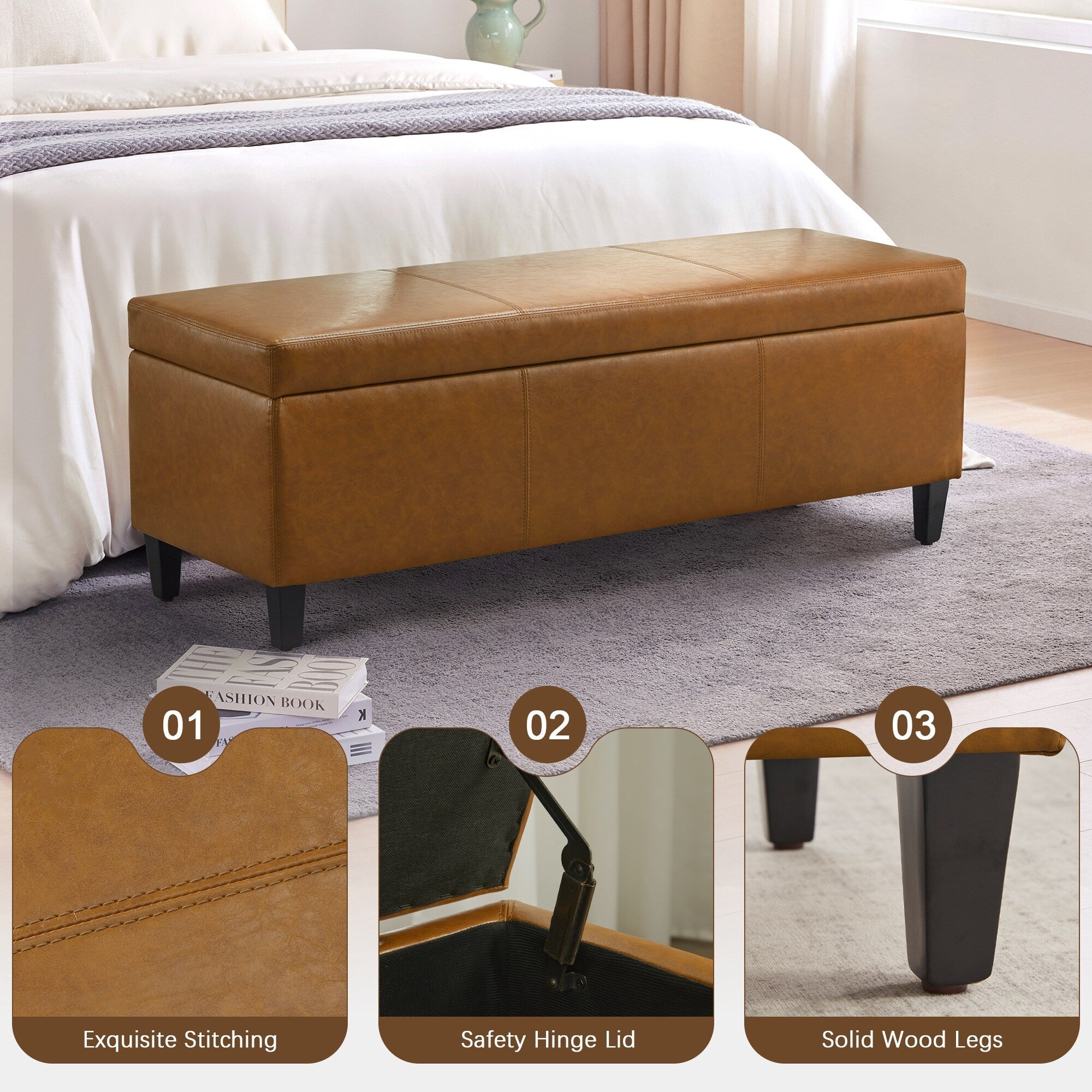 50.3 x 17.50 x 18 Upholstered Rectangular Storage Ottoman-Faux Leather
