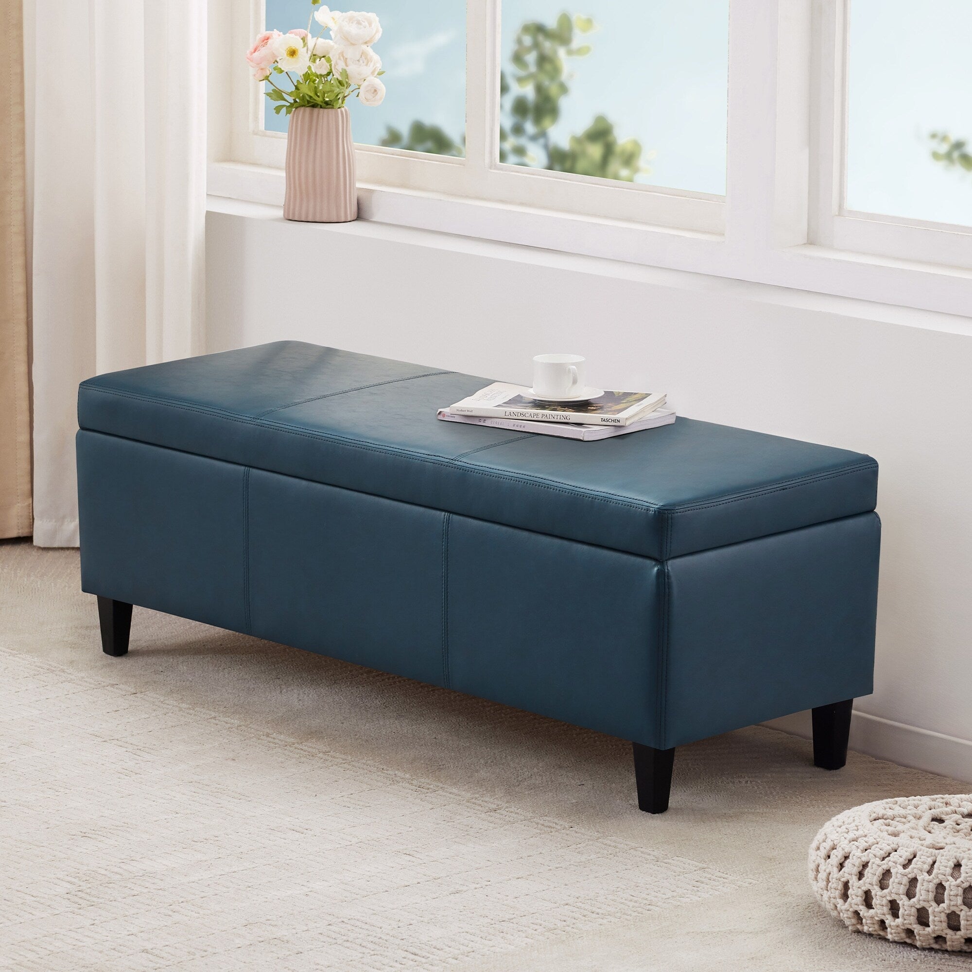 50.3 x 17.50 x 18 Upholstered Rectangular Storage Ottoman-Faux Leather