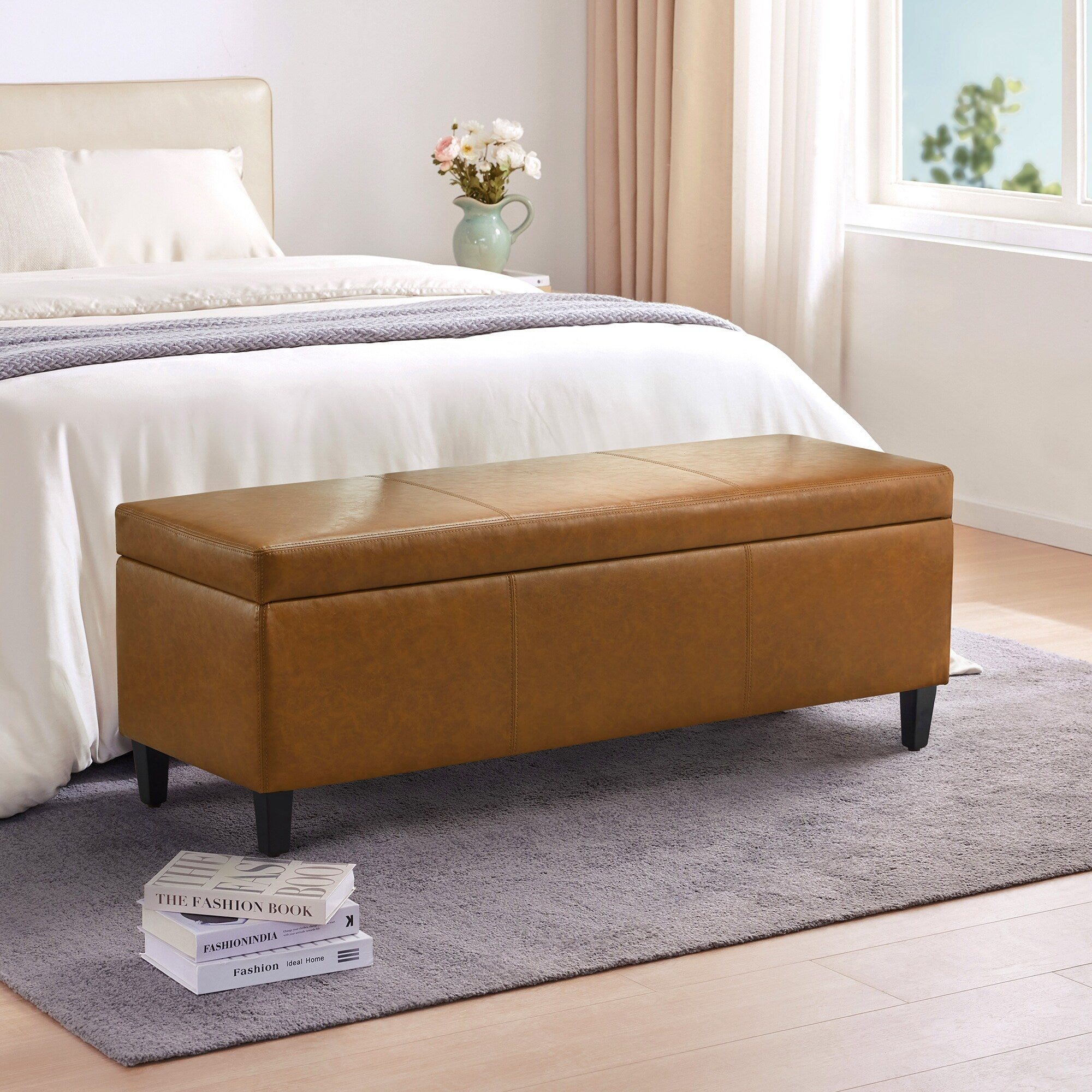 50.3 x 17.50 x 18 Upholstered Rectangular Storage Ottoman-Faux Leather
