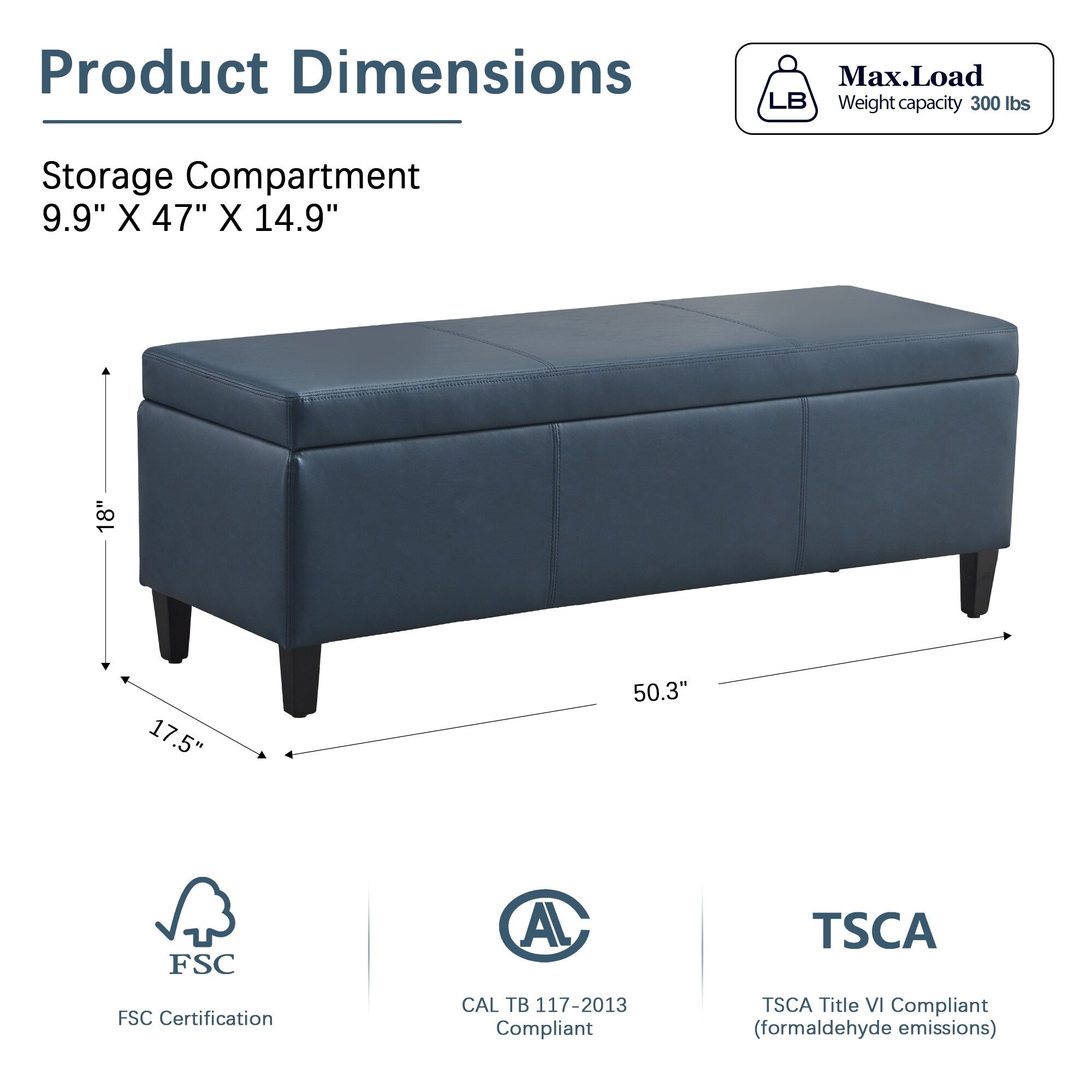 50.3 x 17.50 x 18 Upholstered Rectangular Storage Ottoman-Faux Leather