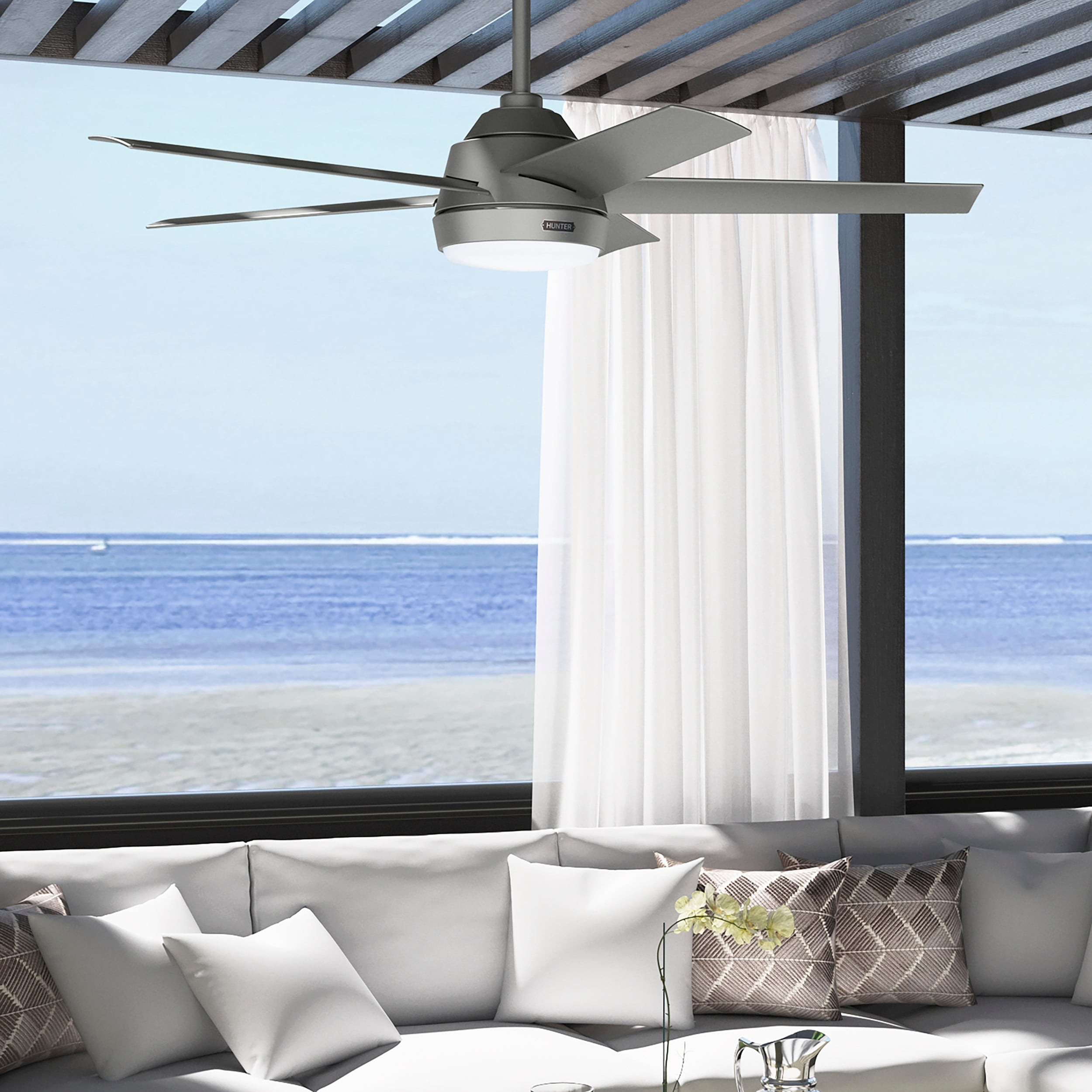 Hunter 52 Skyflow Outdoor Ceiling Fan w/ LED Light Kit, Wall Control - Coastal Modern Contemporary - WeatherMax - WET-RATED!