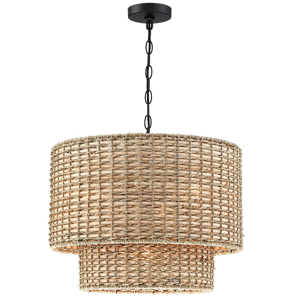 Lennie 20 in. 4-Light Rattan Tiered Drum Chandelier Light with Black Canopy - 20 in. W - 20 in. W