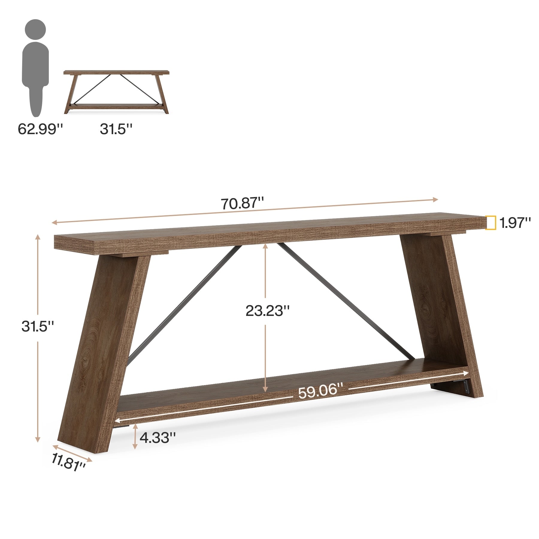 70.9 Inches Long Rustic Wood Console Sofa Table with Storage Shelf