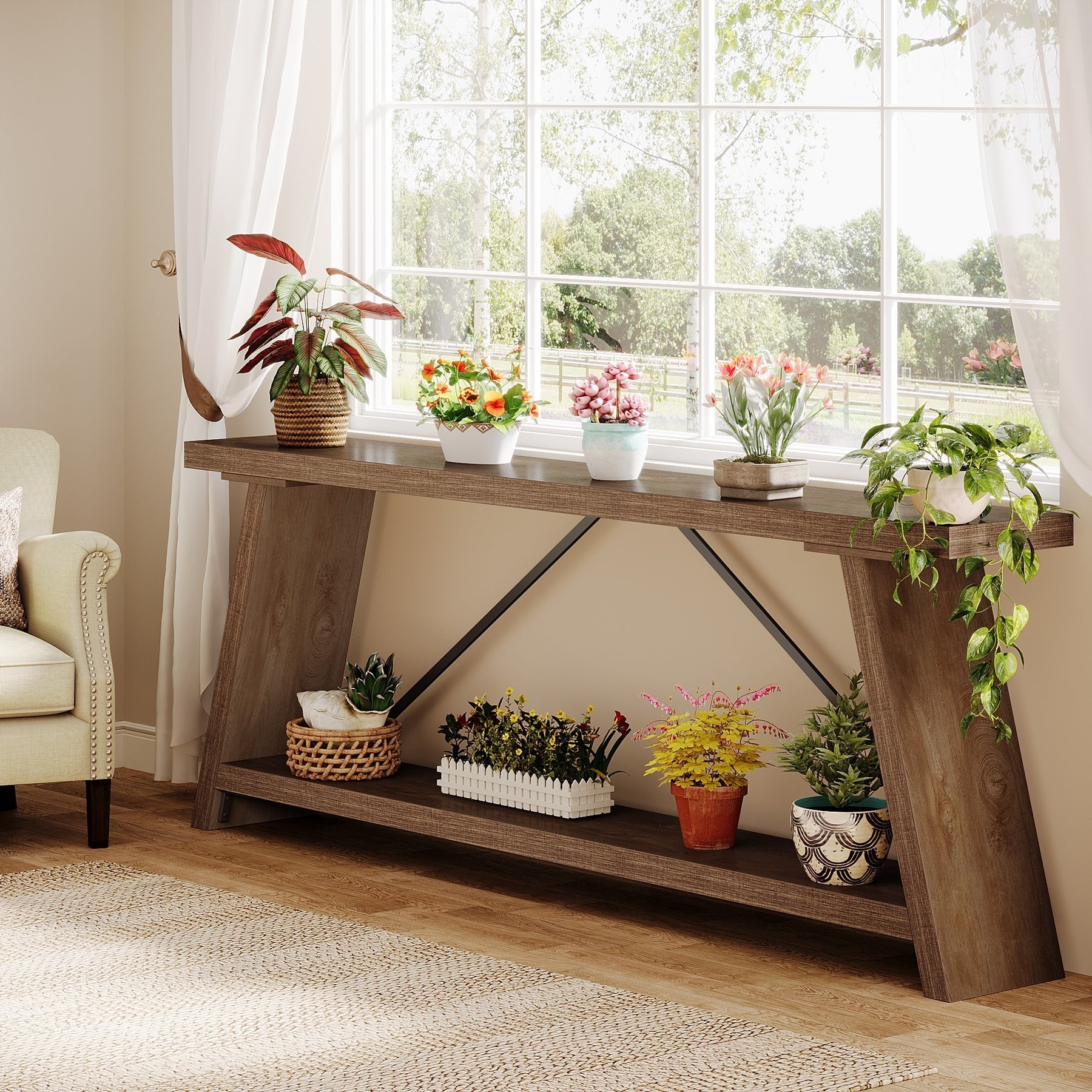 70.9 Inches Long Rustic Wood Console Sofa Table with Storage Shelf