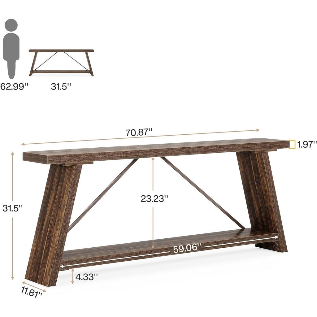 70.9 Inches Long Rustic Wood Console Sofa Table with Storage Shelf