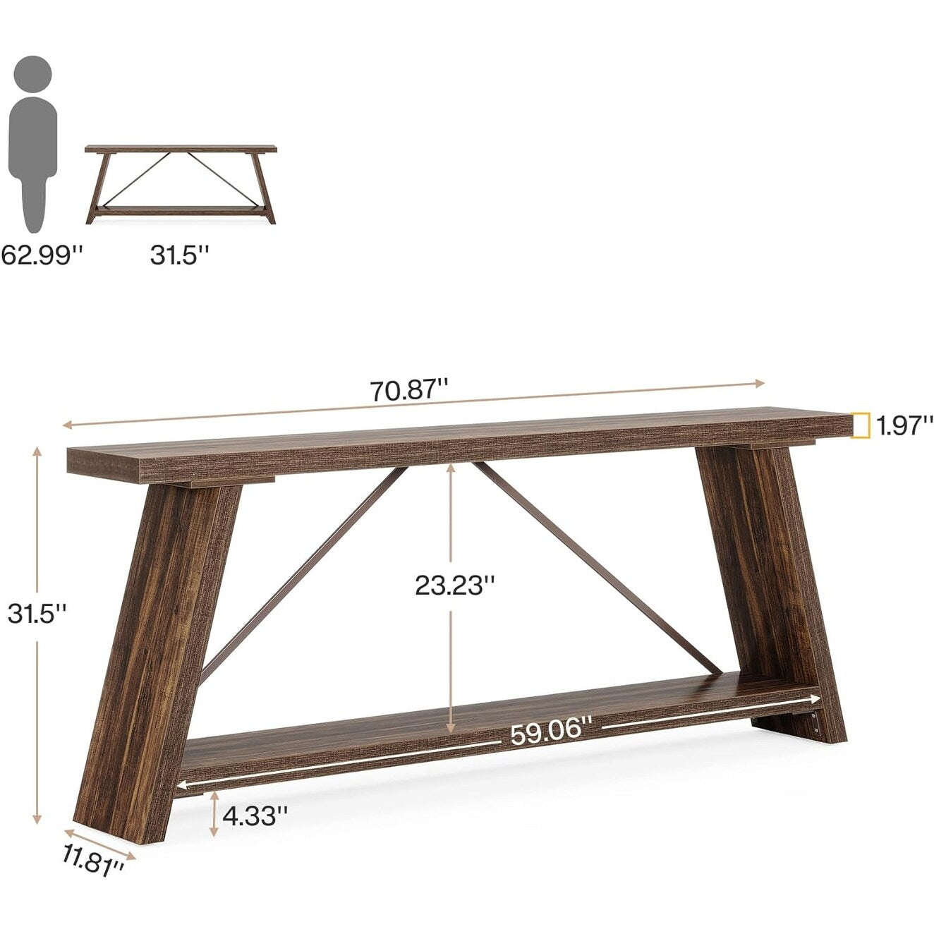 70.9 Inches Long Rustic Wood Console Sofa Table with Storage Shelf