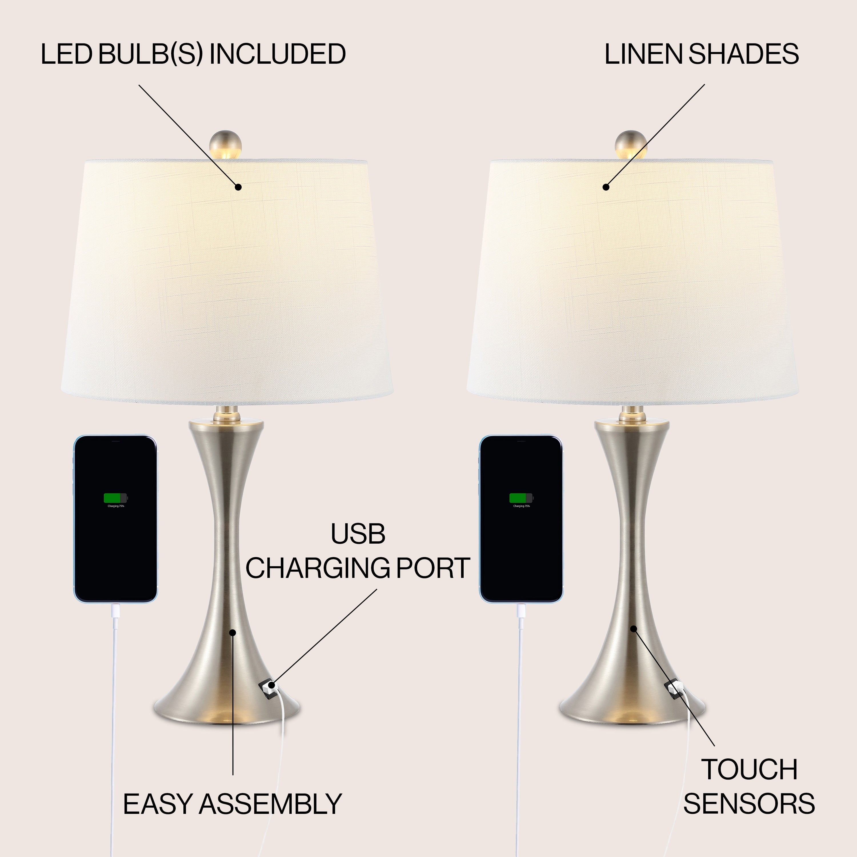 Makena 22.75 Modern Glam Iron Hourglass LED Table Lamp with USB Charging Port, (Set of 2) by JONATHAN Y