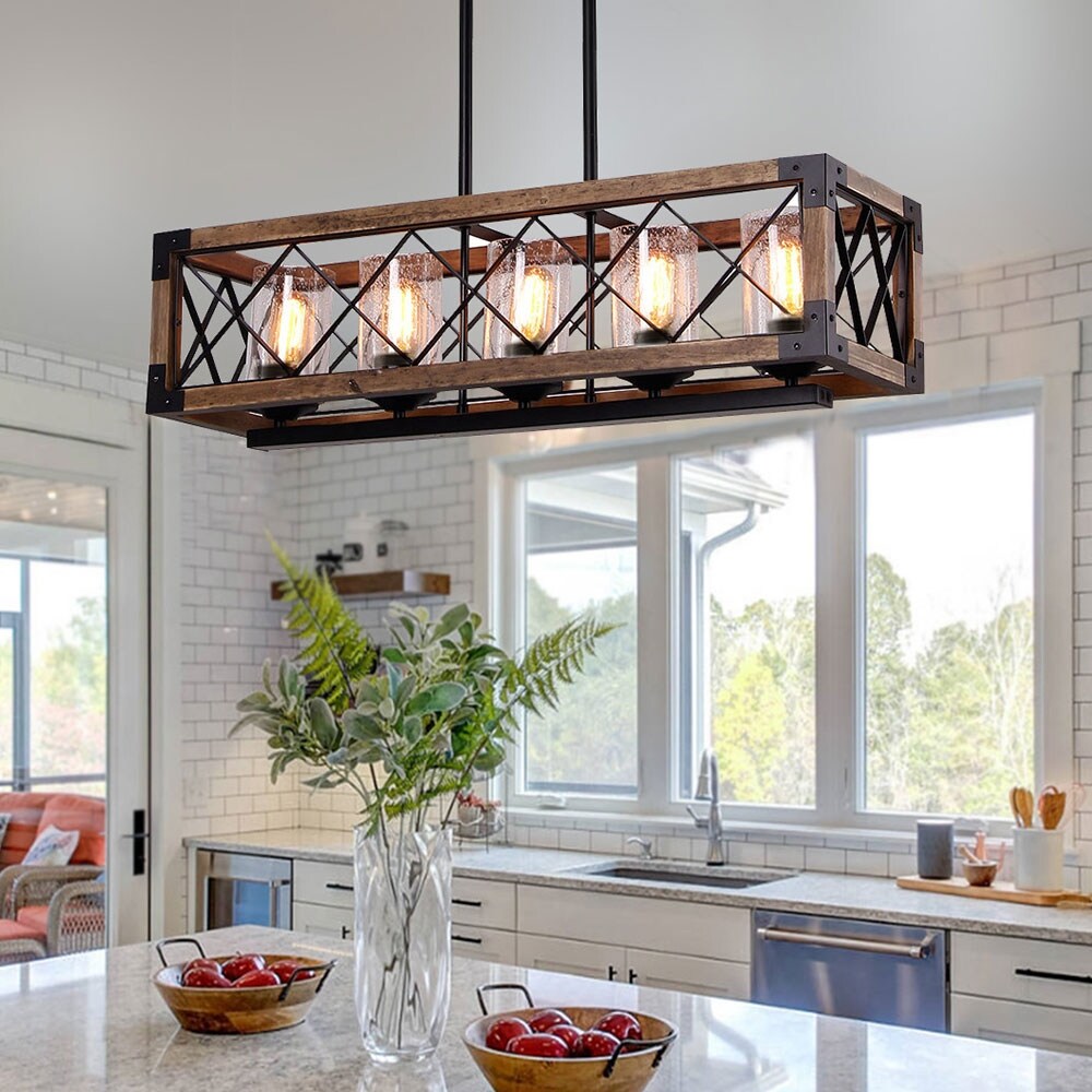 Modern Farmhouse 5-Light Wood Rectangle Chandelier Seeded Glass Kitchen Island Lights for Dining Room - 31.5 L x 8.75 W x 8 H