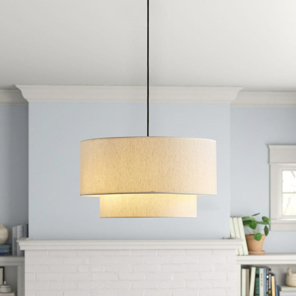 Modern Off-White Drum Pendant Light with 2-Tier Linen Fabrics Lampshade