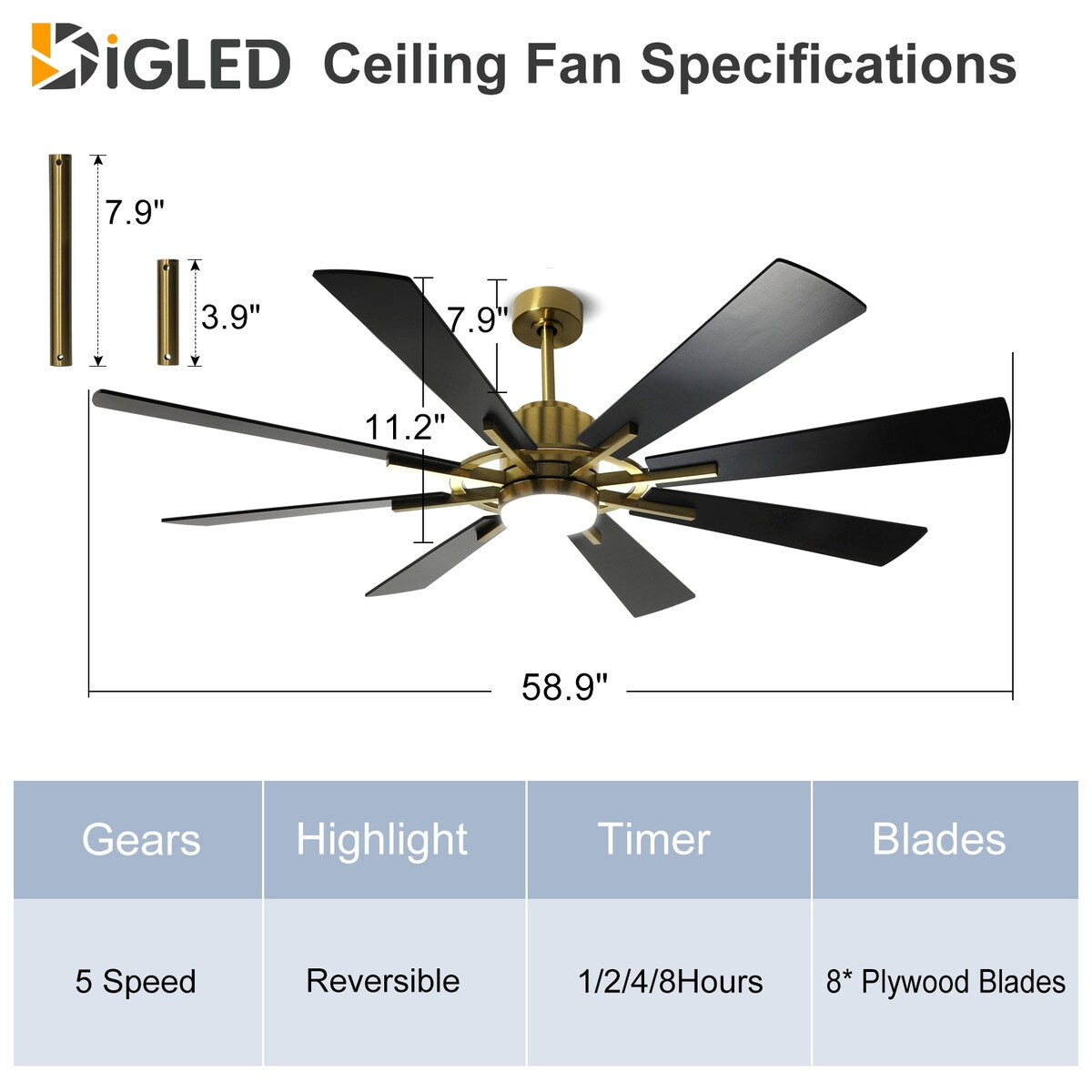 Remote Ceiling fan with Lights Large 8 Wooden Blades