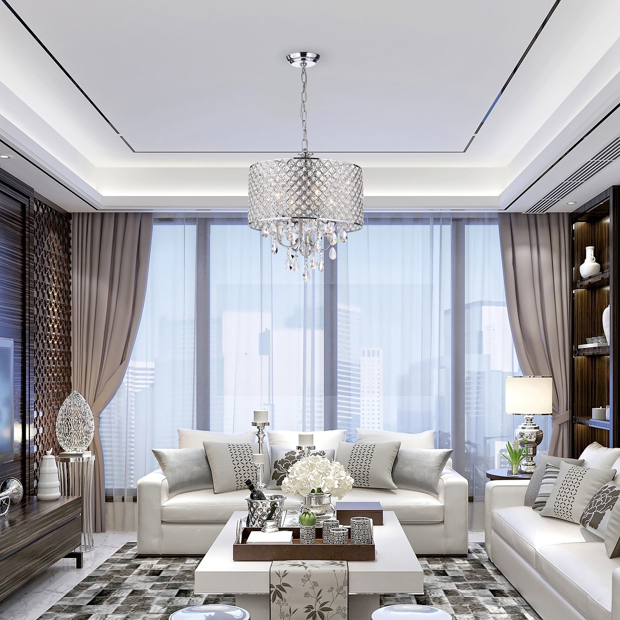 Round Beaded Drum Chandelier with Hanging Crystals