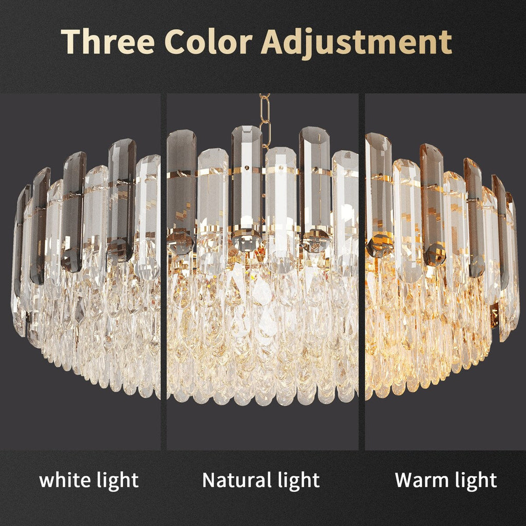 Round Layer Shining Crystal Ceiling Chandelier Lamp with 3 Color Lighting Pendant Light Fixture