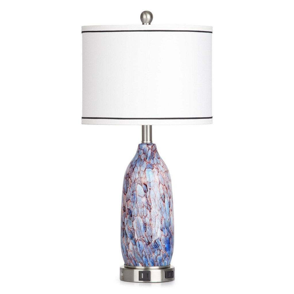 Table Lamp with Nightlight 2in1 Indigo Glass Lamp Body Charging Ports AC Outlet Drum Shade Touch Dimming Switch(Set of 2)