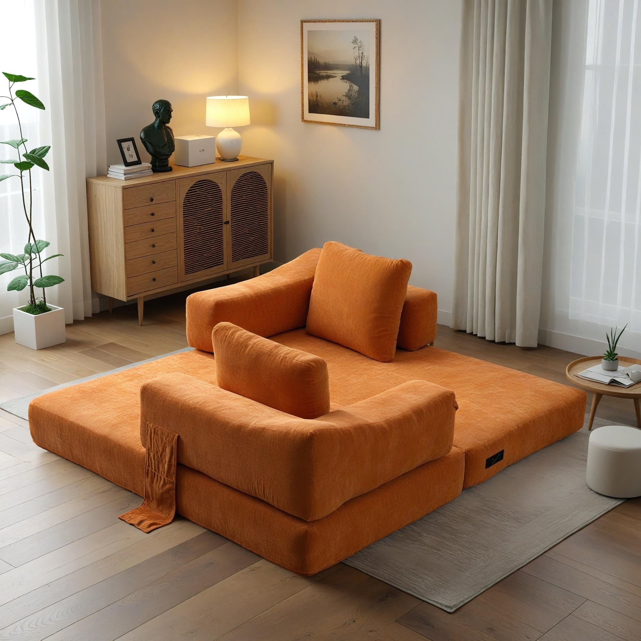 70.87 Upholstered Convertible Sleeper Sofa, Convertible Chair Floor Couch Comfy Sofa for Living Room, Bedroom, Chenille Fabric