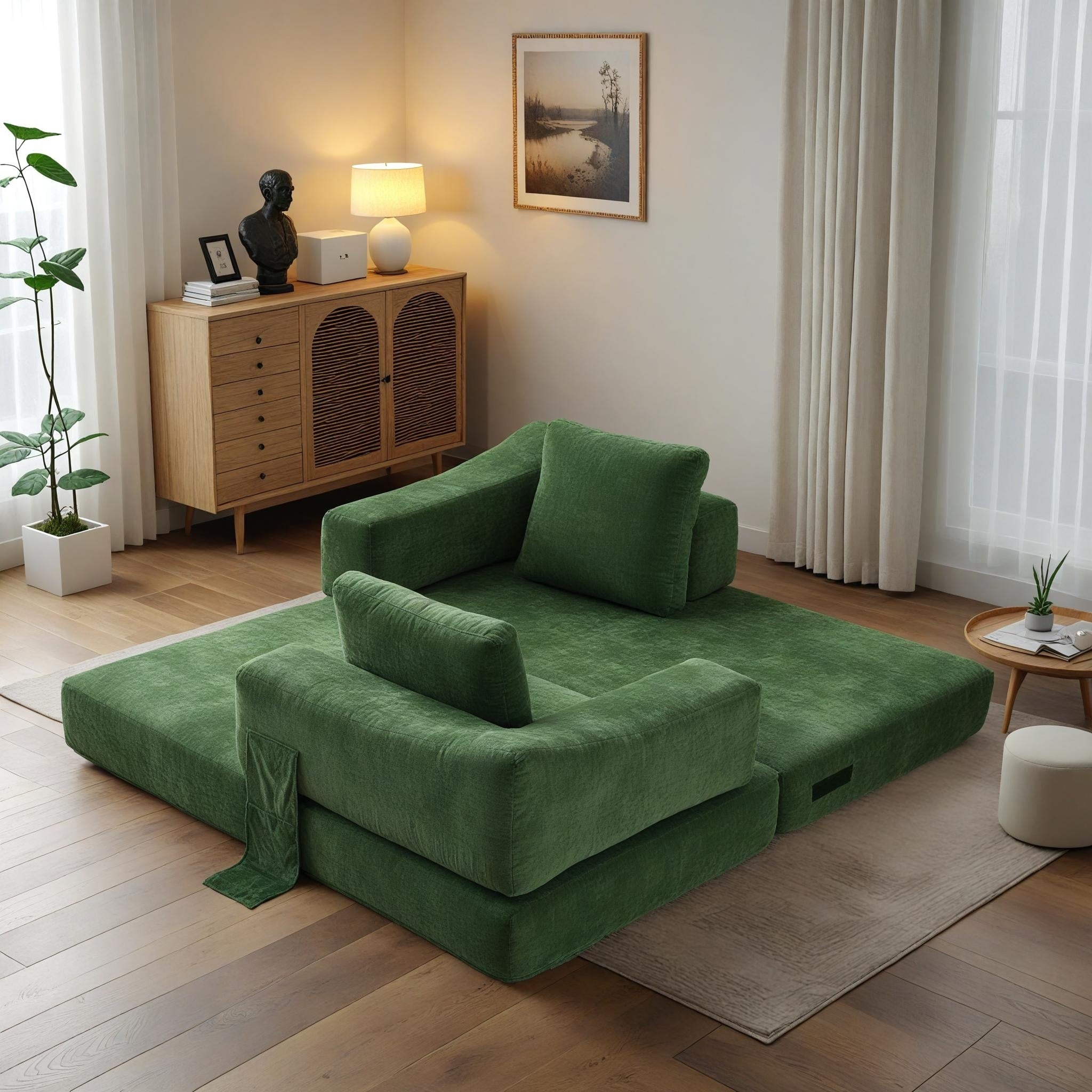 70.87 Upholstered Convertible Sleeper Sofa, Convertible Chair Floor Couch Comfy Sofa for Living Room, Bedroom, Chenille Fabric
