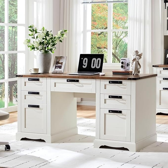 60 Farmhouse Executive Desk, Wood Home Office Desk, Computer Desk
