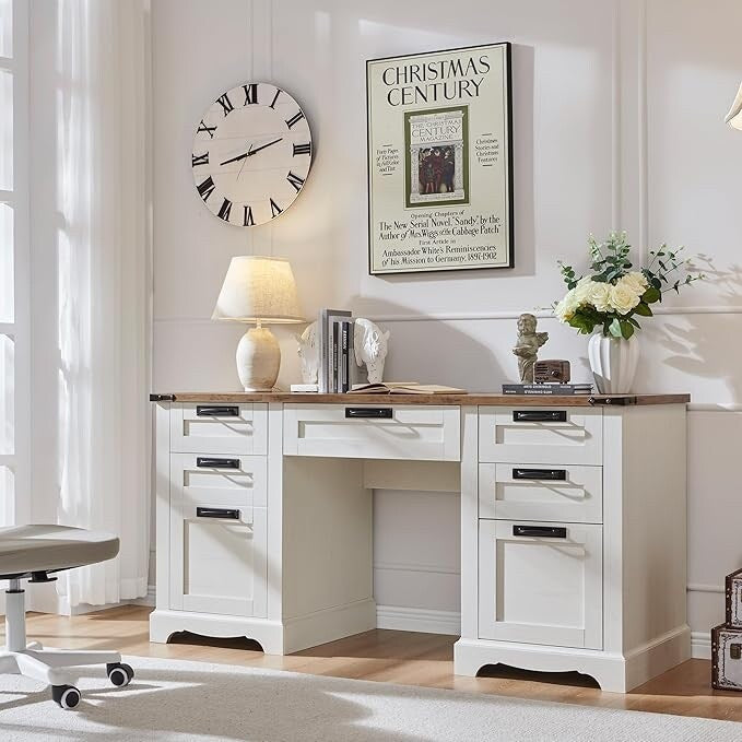 60 Farmhouse Executive Desk, Wood Home Office Desk, Computer Desk