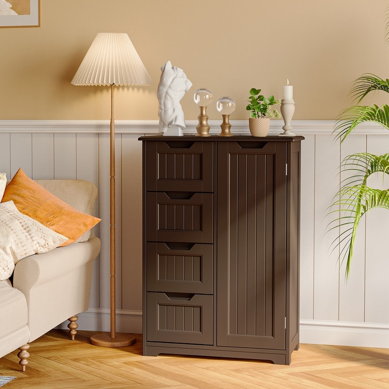 Bathroom Floor Storage Cabinet, Free-Standing Floor Storage Cabinet with 4 Draws and Adjustable Shelf